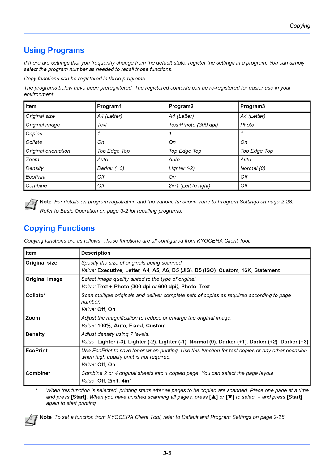 Kyocera FS-1220MFP Using Programs, Copying Functions, Program1 Program2 Program3, When high quality print is not required 