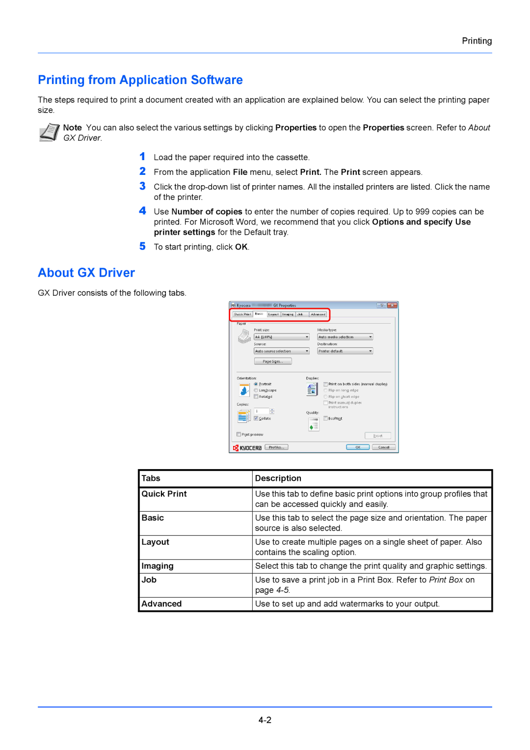 Kyocera FS-1020MFP, FS-1220MFP manual Printing from Application Software, About GX Driver 