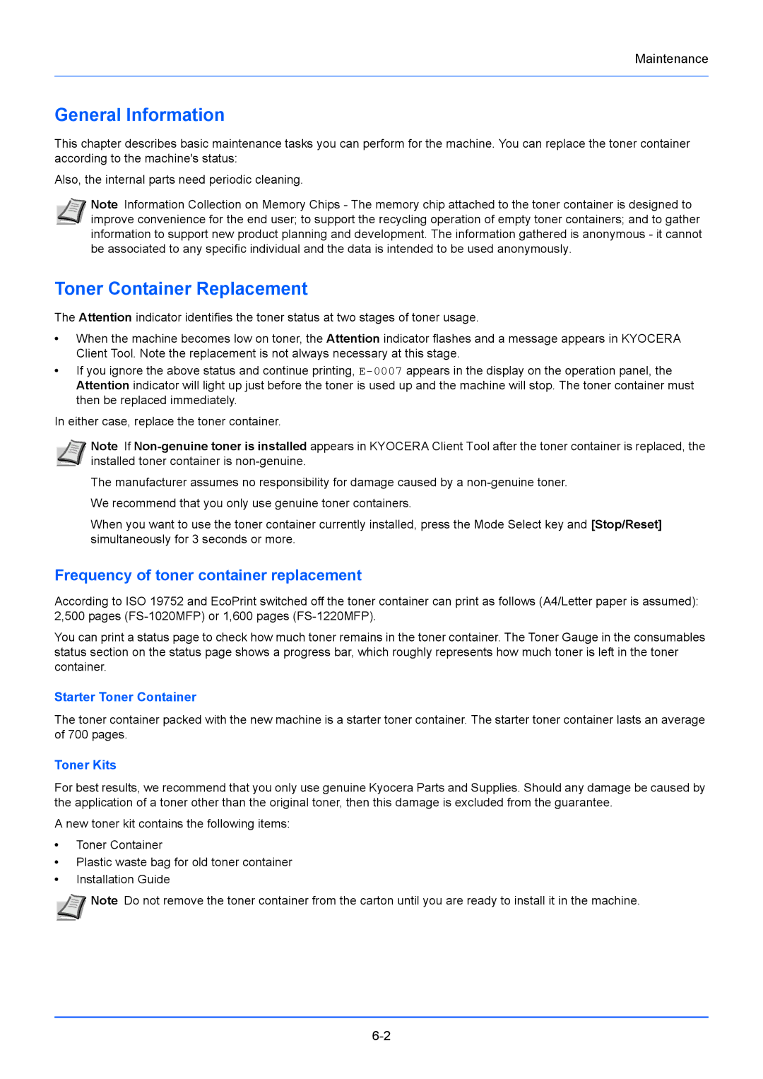 Kyocera FS-1020MFP General Information, Toner Container Replacement, Frequency of toner container replacement, Toner Kits 