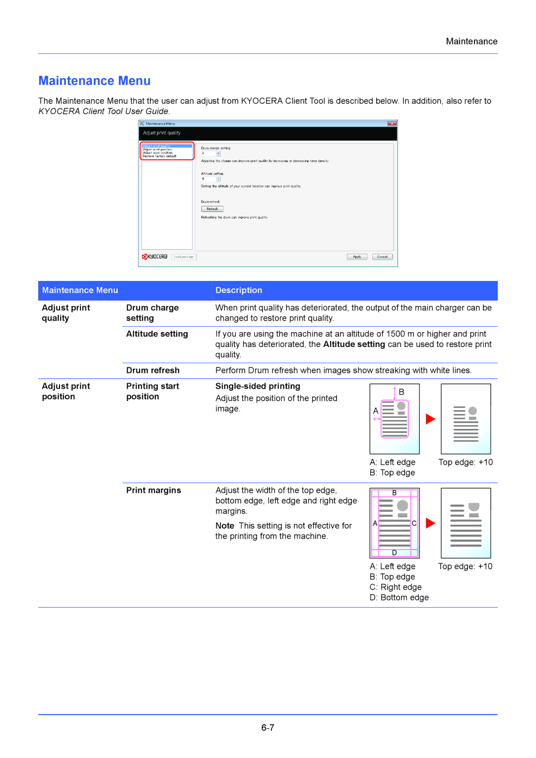 Kyocera FS-1220MFP, FS-1020MFP manual Maintenance Menu, Adjust print Drum charge, Image, Print margins 