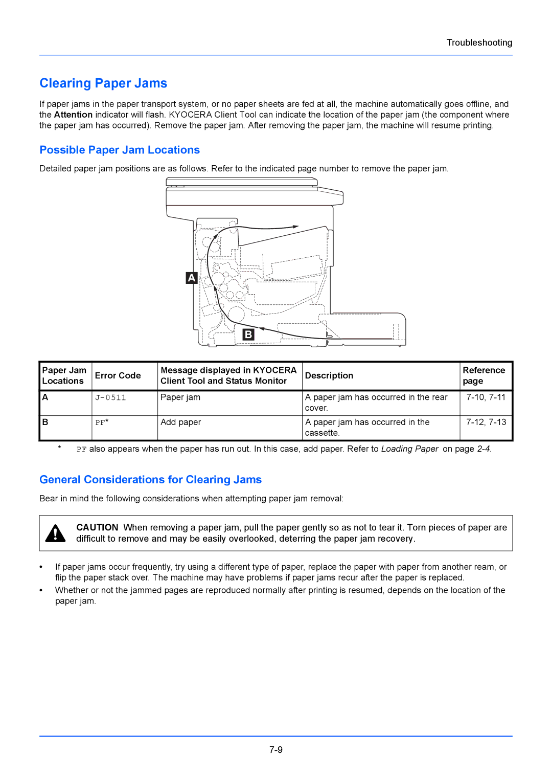 Kyocera FS-1220MFP, FS-1020MFP Clearing Paper Jams, Possible Paper Jam Locations, General Considerations for Clearing Jams 