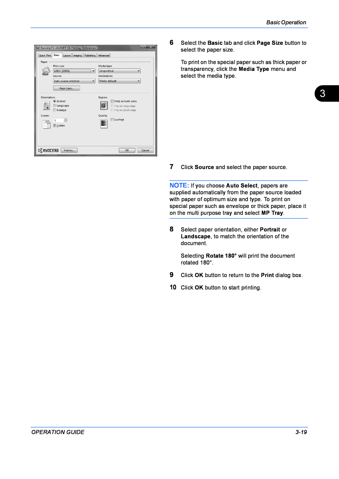 Kyocera FS-1128MFP, FS-1028MFP manual Basic Operation, Click Source and select the paper source, Operation Guide, 3-19 