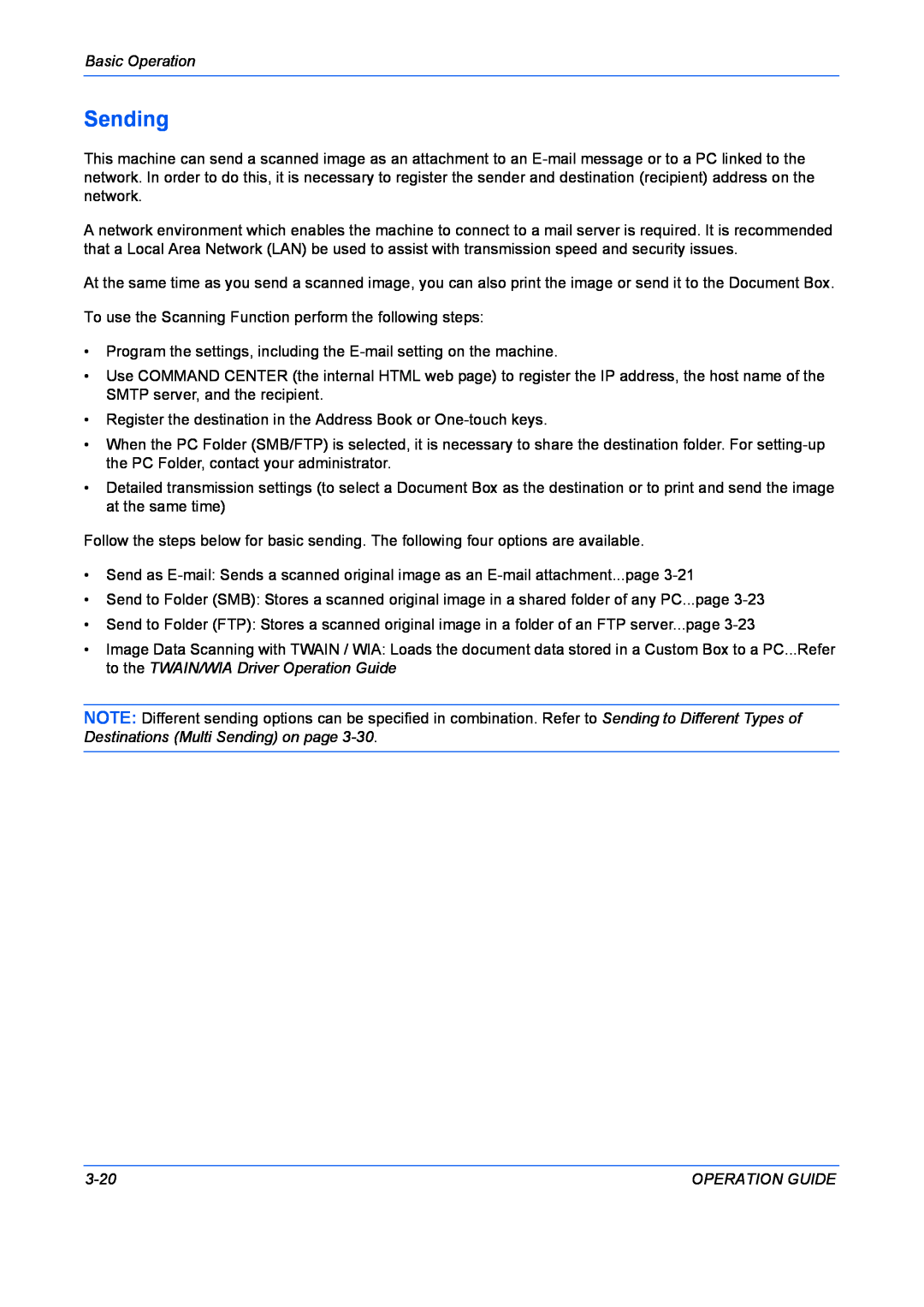 Kyocera FS-1028MFP, FS-1128MFP manual Sending, Basic Operation, 3-20, Operation Guide 