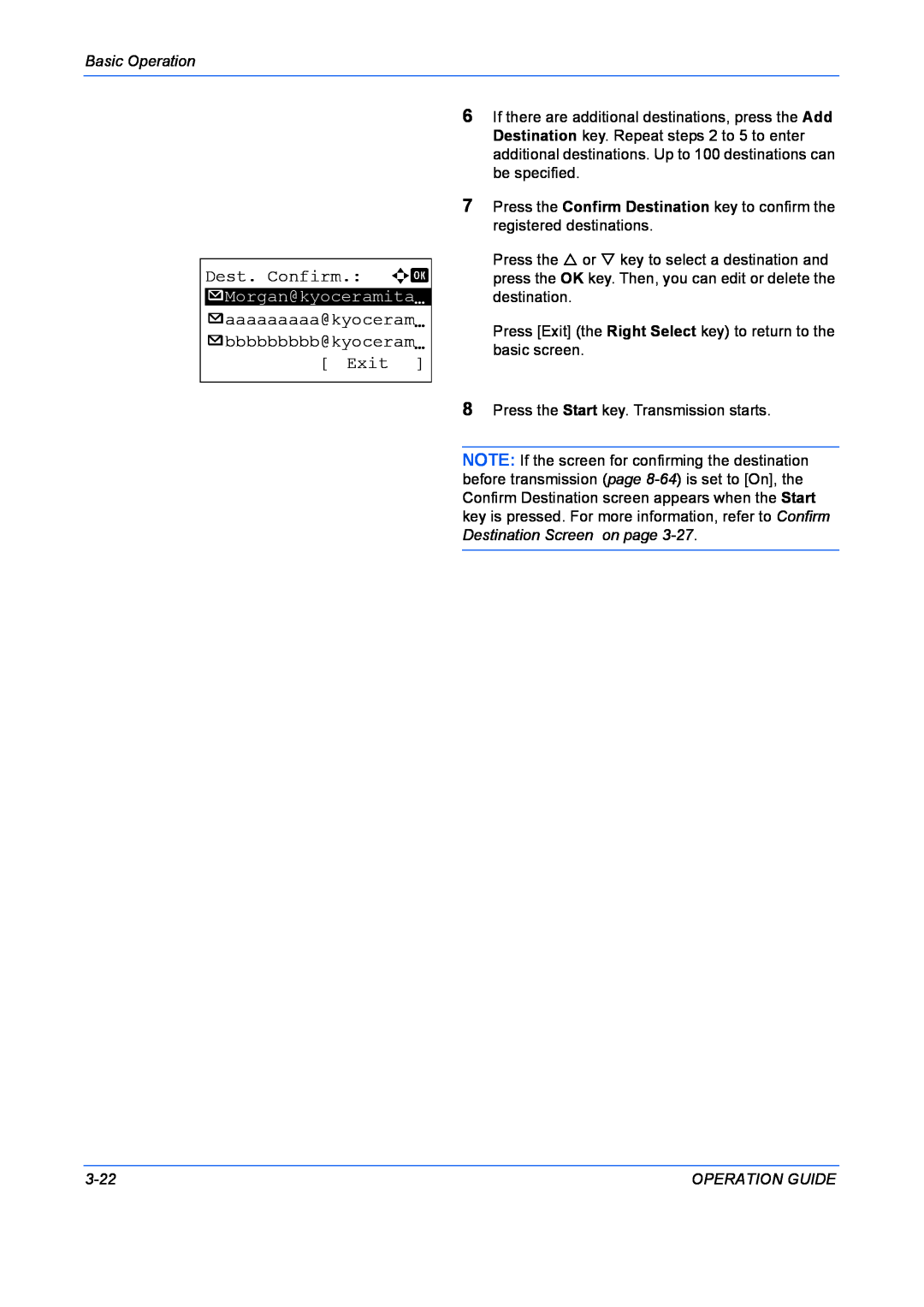 Kyocera FS-1028MFP, FS-1128MFP Dest. Confirm. a b, p aaaaaaaaa@kyoceramN p bbbbbbbbb@kyoceramN Exit, Basic Operation, 3-22 