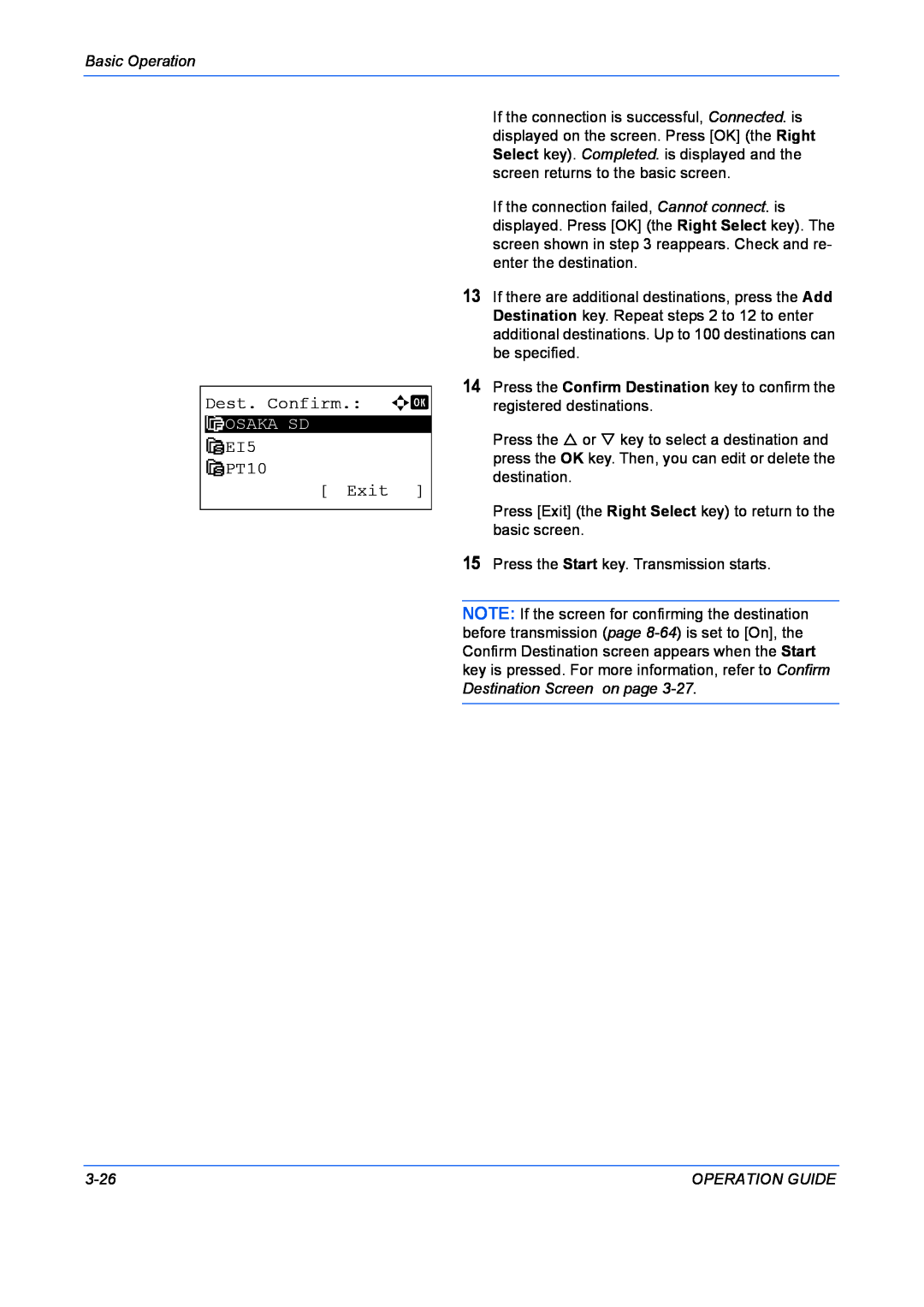 Kyocera FS-1028MFP, FS-1128MFP manual Dest. Confirm. a b, G EI5 G PT10 Exit, Basic Operation, 3-26, Operation Guide 