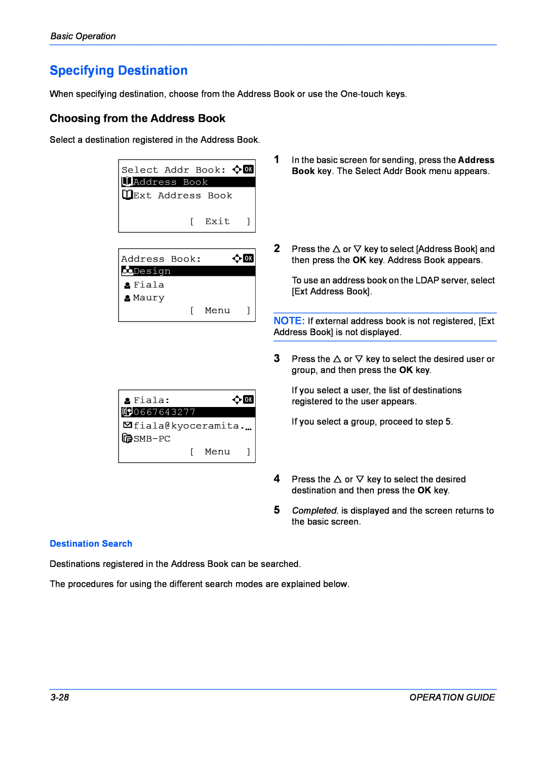 Kyocera FS-1028MFP Specifying Destination, Choosing from the Address Book, Select Addr Book a b, t Ext Address Book Exit 