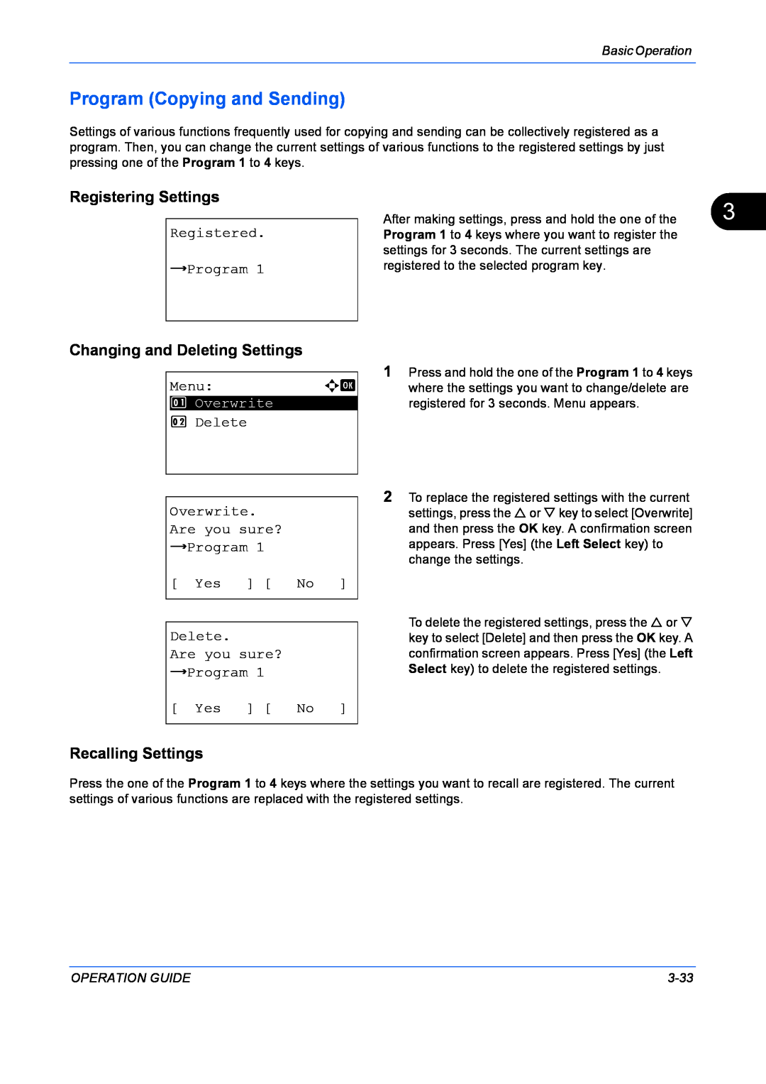 Kyocera FS-1128MFP Program Copying and Sending, Registering Settings, Changing and Deleting Settings, Recalling Settings 