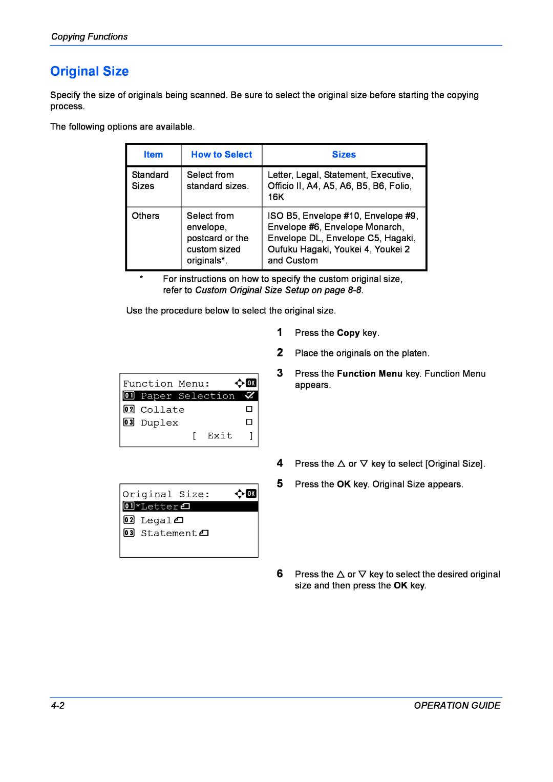 Kyocera FS-1028MFP Function Menu a b, Collate, Duplex, Exit, Original Size a b, Legalq 3 Statementq, Copying Functions 