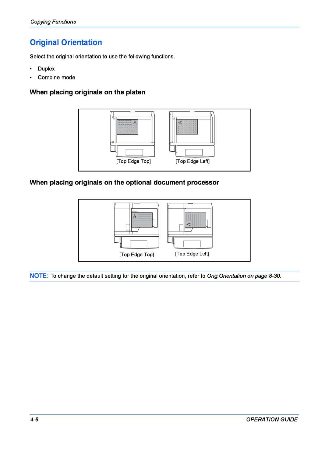 Kyocera FS-1028MFP manual Original Orientation, When placing originals on the platen, Copying Functions, Operation Guide 