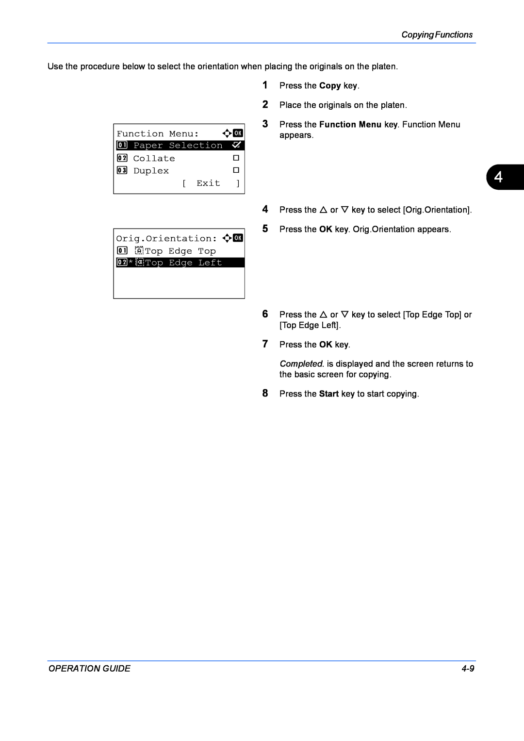 Kyocera FS-1128MFP manual Function Menu, Collate, Duplex, Exit, Orig.Orientation a b 1 c Top Edge Top, Copying Functions 