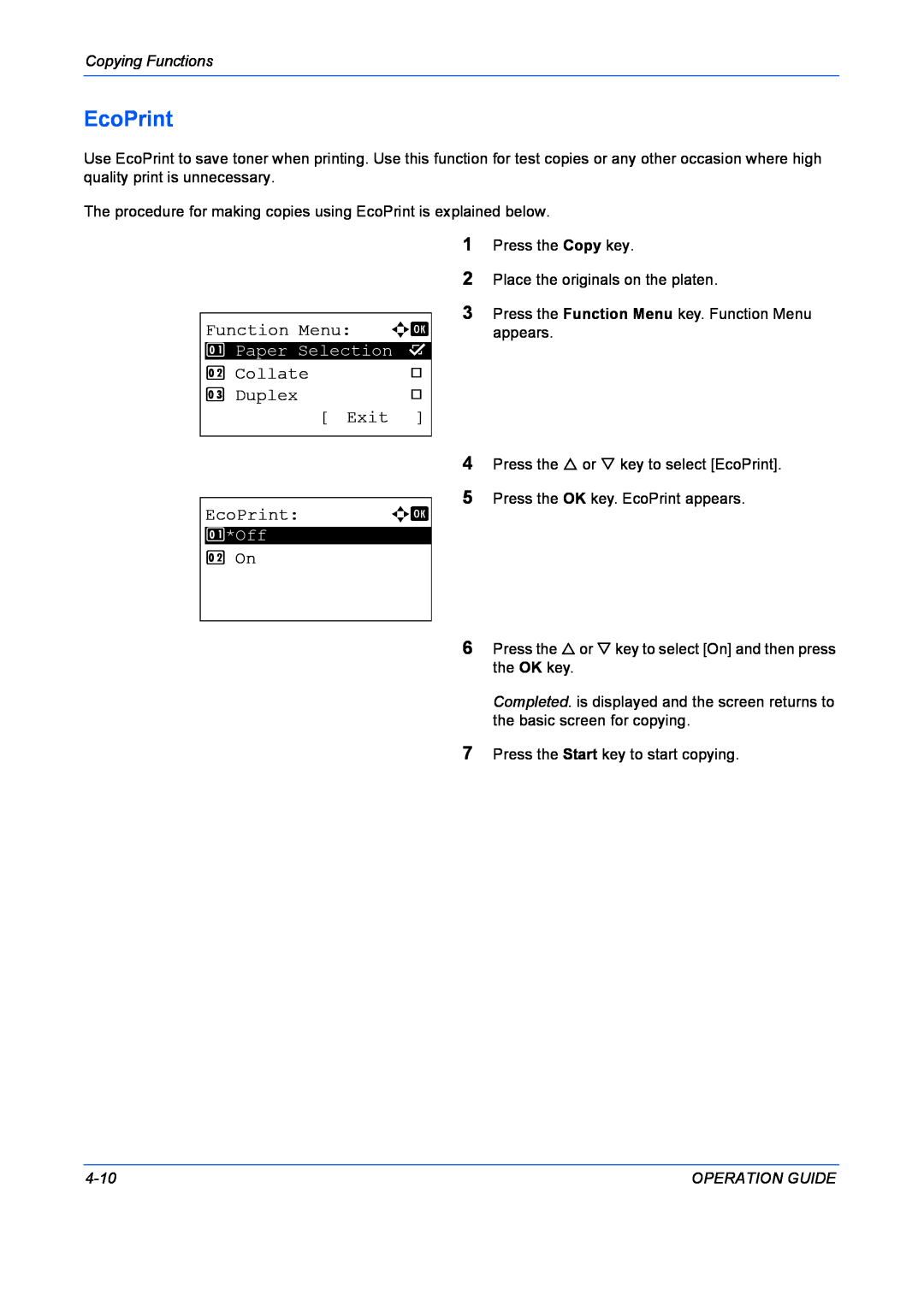 Kyocera FS-1028MFP EcoPrint, Function Menu a b, Collate, Duplex, Exit, 2 On, Copying Functions, 4-10, Operation Guide 