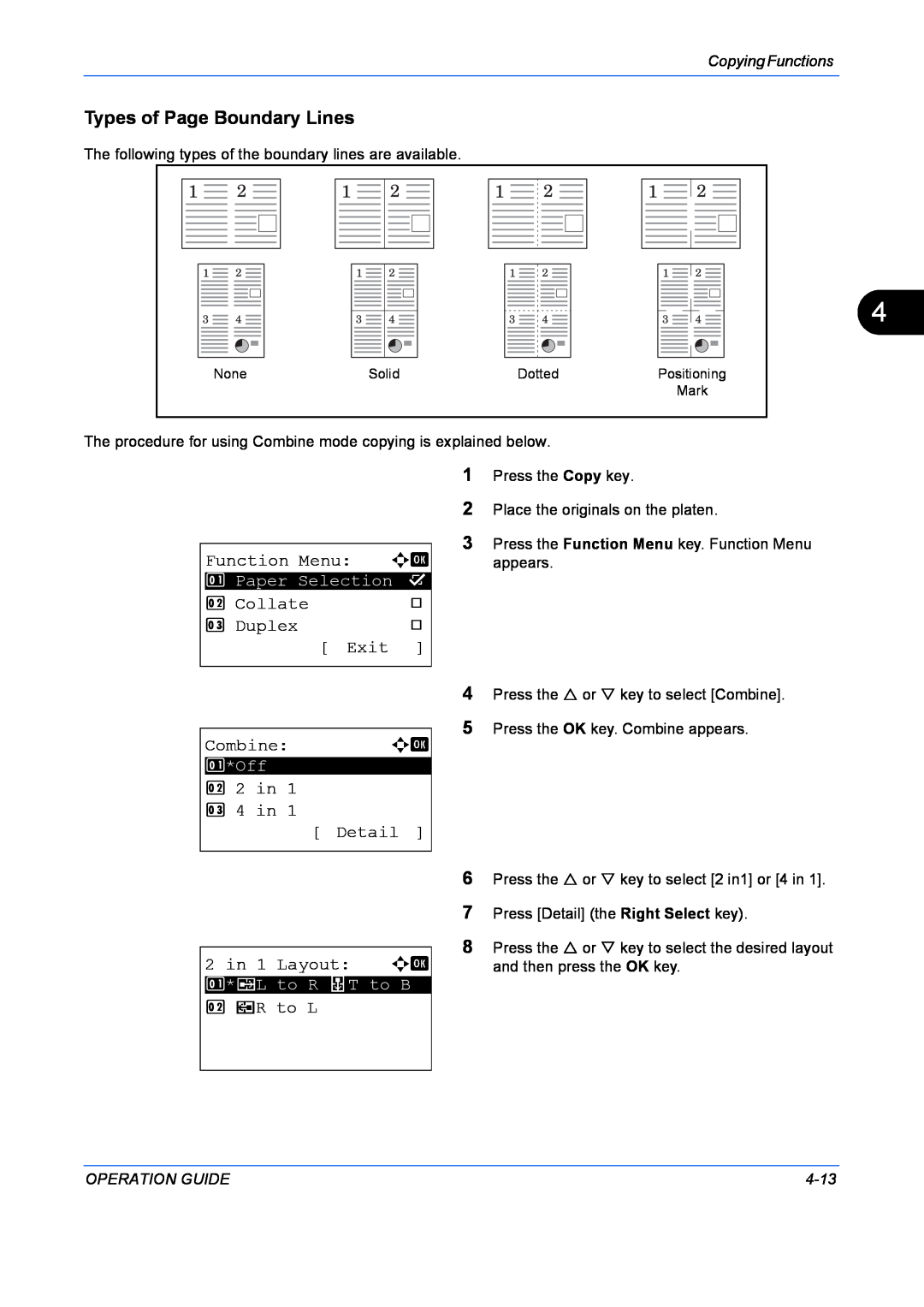 Kyocera FS-1128MFP Types of Page Boundary Lines, Function Menu, Collate, Duplex, Exit, Combine, e R to L, Operation Guide 