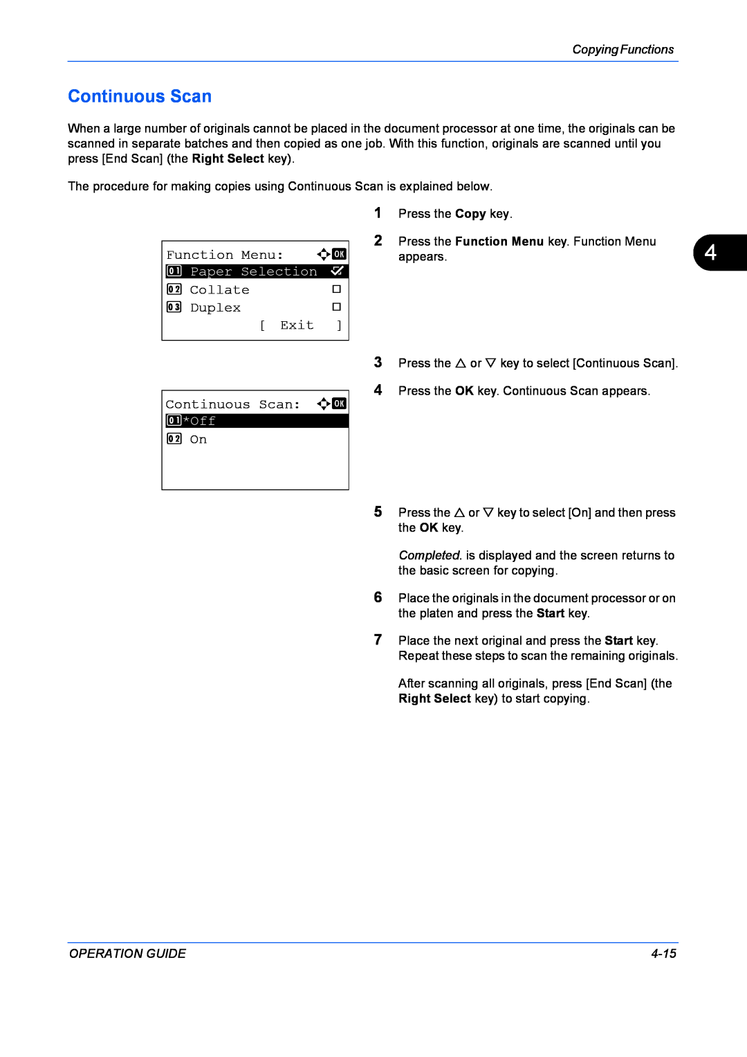 Kyocera FS-1128MFP manual Function Menu a b, Collate, Duplex, Exit, Continuous Scan a b, 2 On, Copying Functions, 4-15 