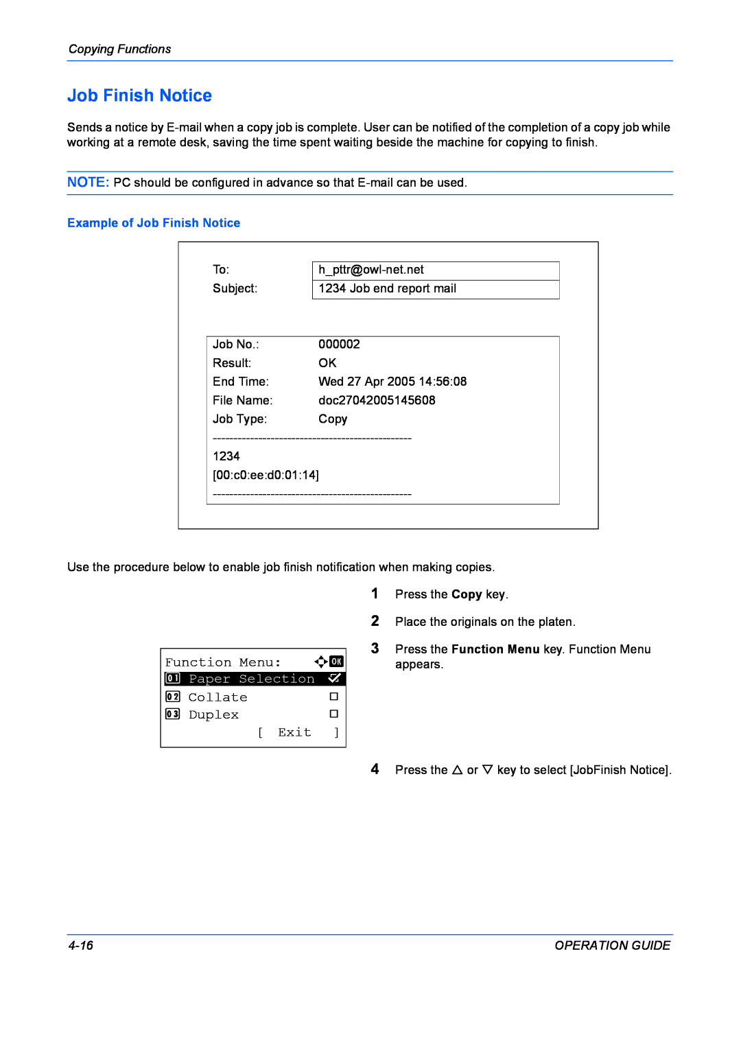 Kyocera FS-1028MFP Job Finish Notice, Function Menu a b, Collate, Duplex, Exit, Copying Functions, 4-16, Operation Guide 