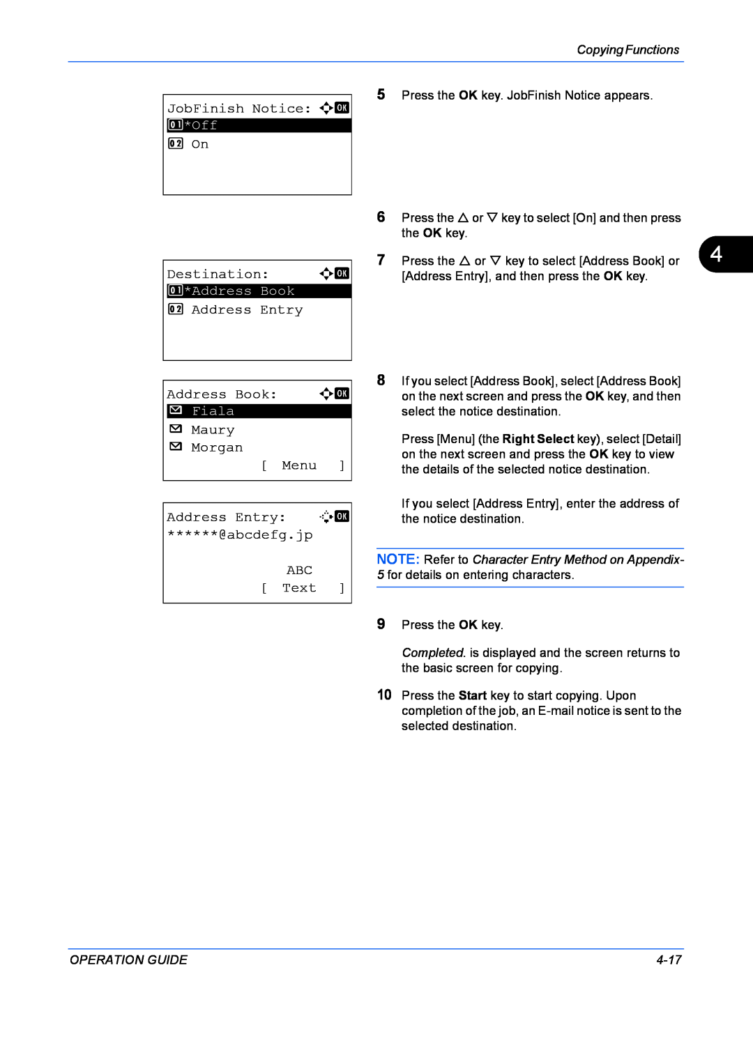 Kyocera FS-1128MFP JobFinish Notice a b, 2 On, Destination a b, Address Entry Address Book a b, Copying Functions, 4-17 