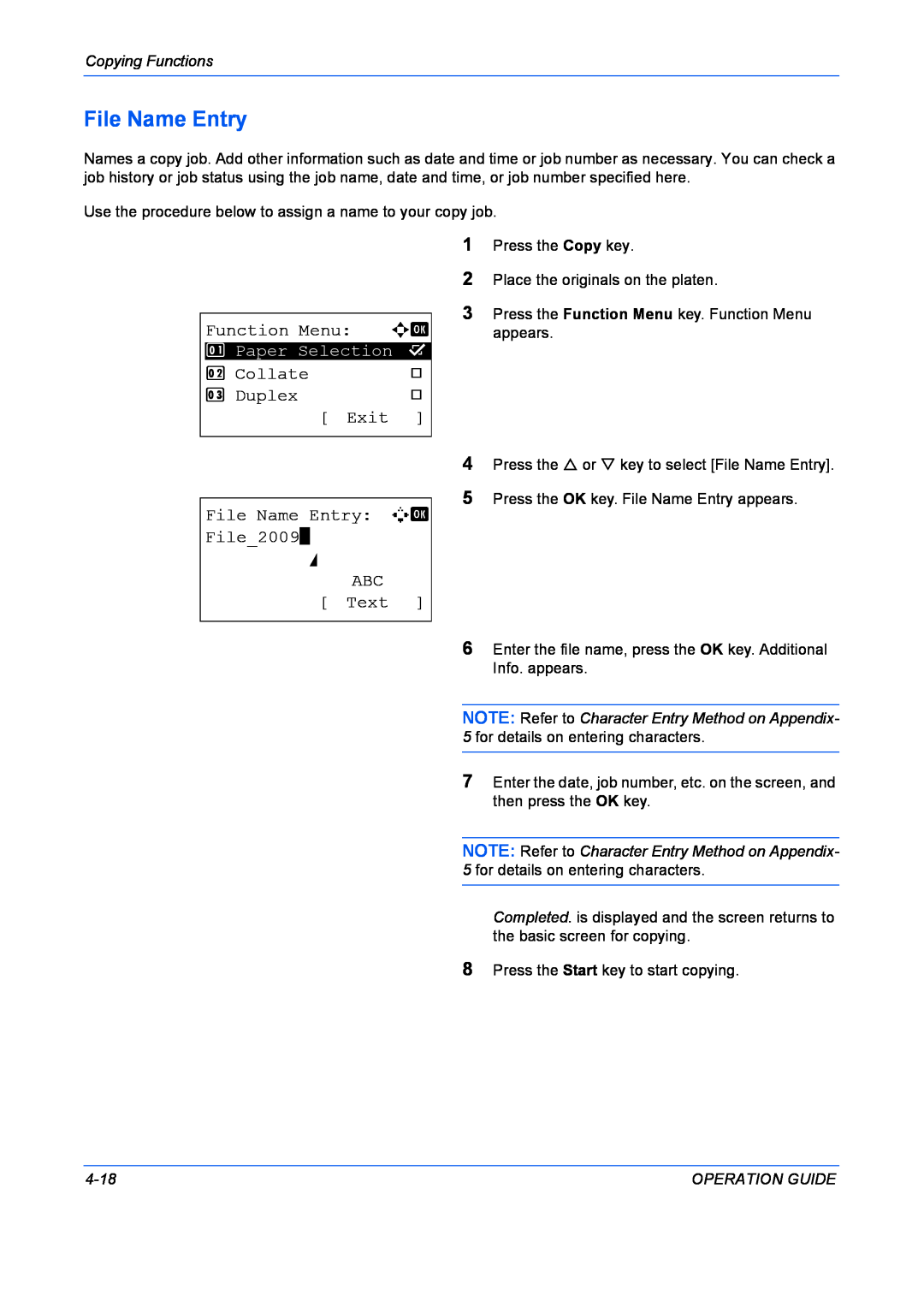 Kyocera FS-1028MFP Function Menu a b, Collate, Duplex, Exit, File Name Entry A b File2009, ABC Text, Copying Functions 