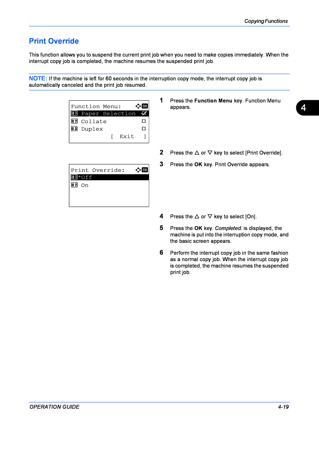 Kyocera FS-1128MFP manual Function Menu a b, Collate, Duplex, Exit, Print Override a b, 2 On, Copying Functions, 4-19 