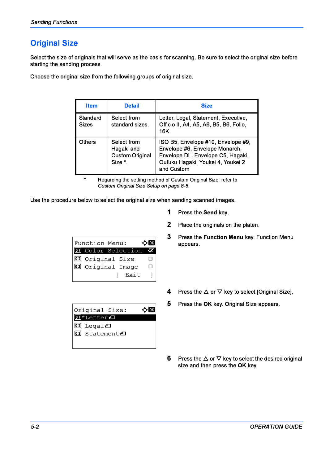 Kyocera FS-1028MFP Function Menu a b, Original Image, Exit, Original Size a b, Legalq 3 Statementq, Sending Functions 