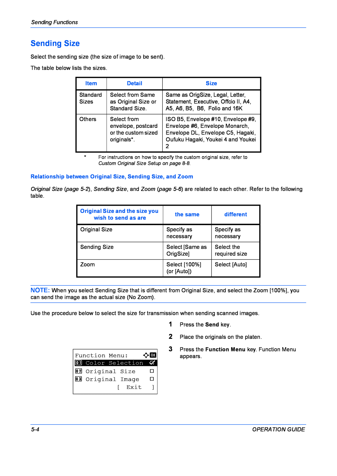 Kyocera FS-1028MFP manual Sending Size, Function Menu a b, Original Size, Original Image, Exit, Sending Functions, Detail 