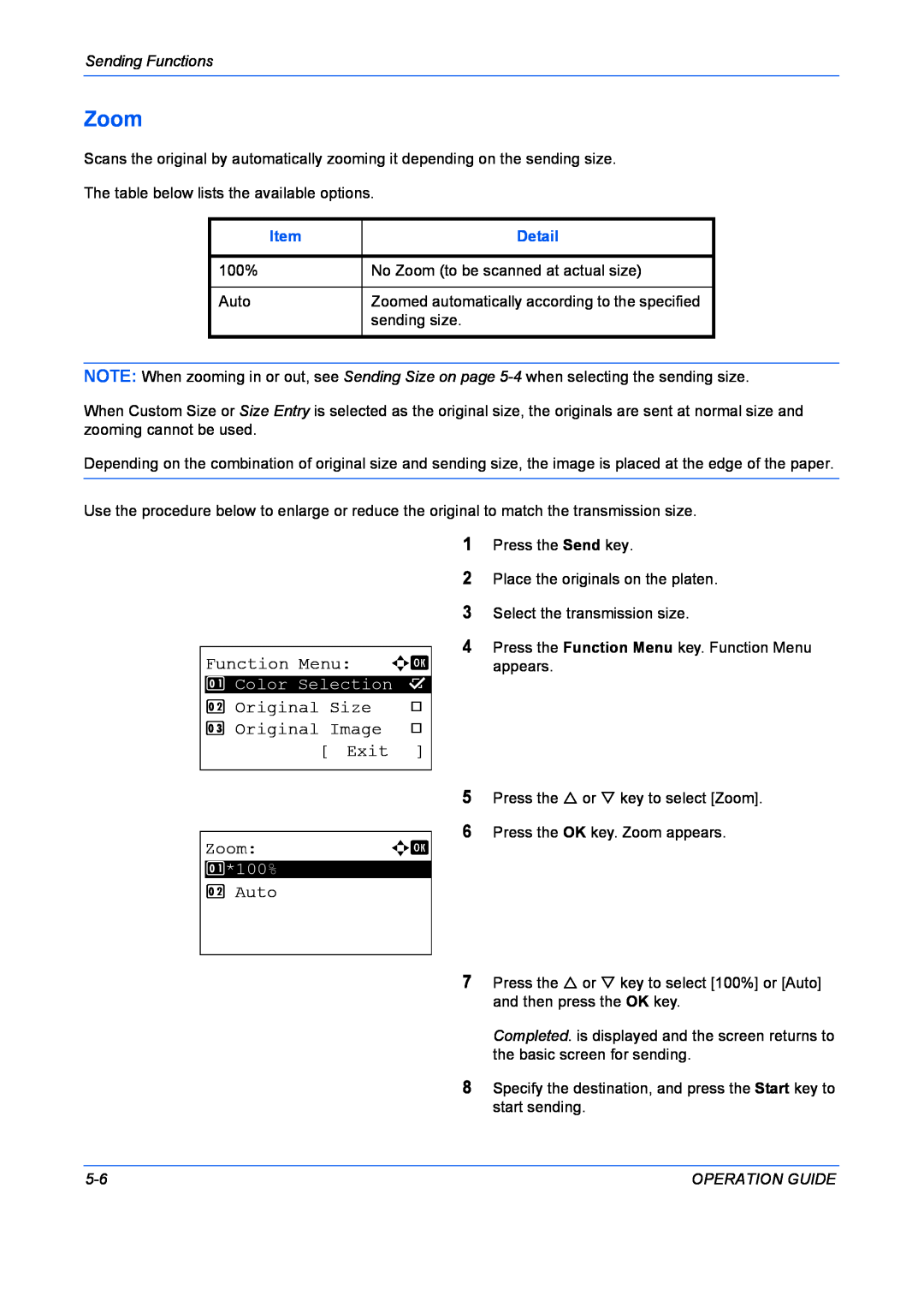 Kyocera FS-1028MFP, FS-1128MFP Zoom, Function Menu, Original Size, Original Image, Exit, Auto, Sending Functions, Detail 