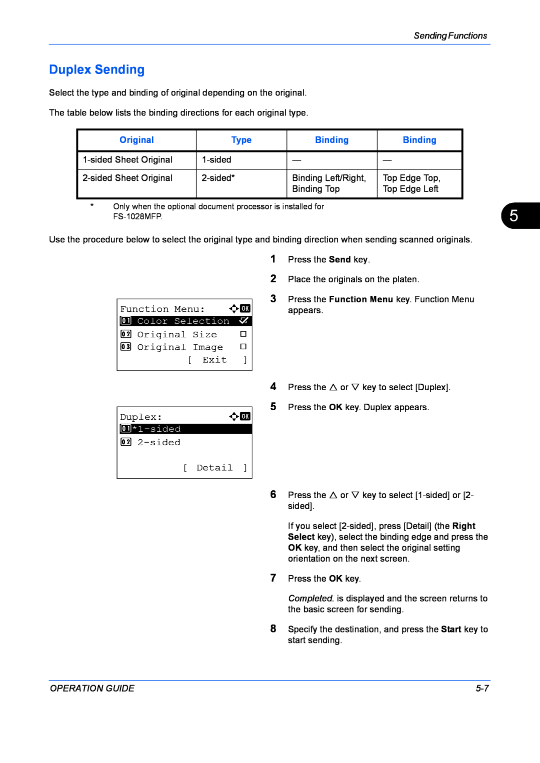 Kyocera FS-1128MFP manual Duplex Sending, Function Menu a b, Original Size, Original Image, Exit, 2 2-sided, Detail, Type 