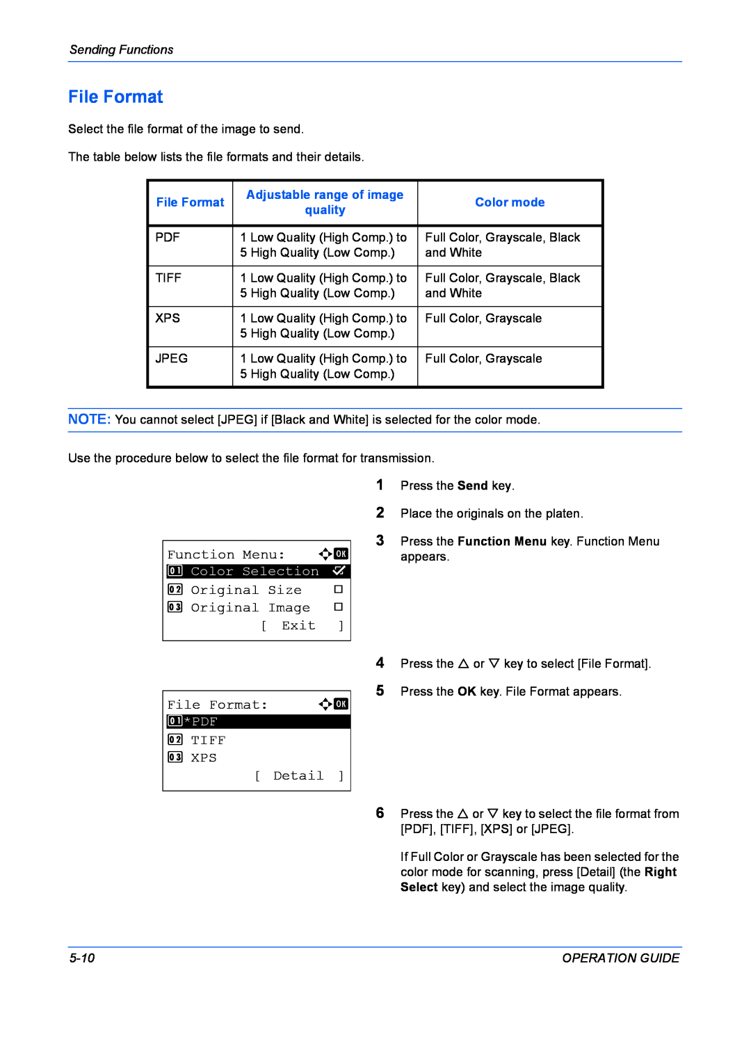 Kyocera FS-1028MFP File Format, Function Menu a b, Original Size, Original Image, Exit, TIFF 3 XPS Detail, Color mode 