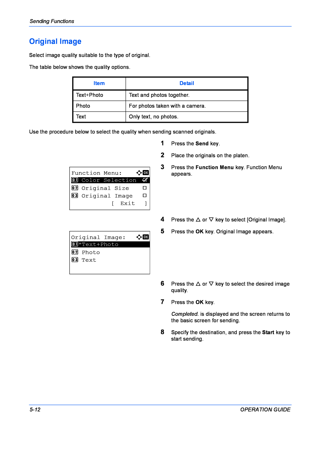 Kyocera FS-1028MFP Function Menu, Original Size, Exit, Original Image a b, Photo 3 Text, Sending Functions, Detail 