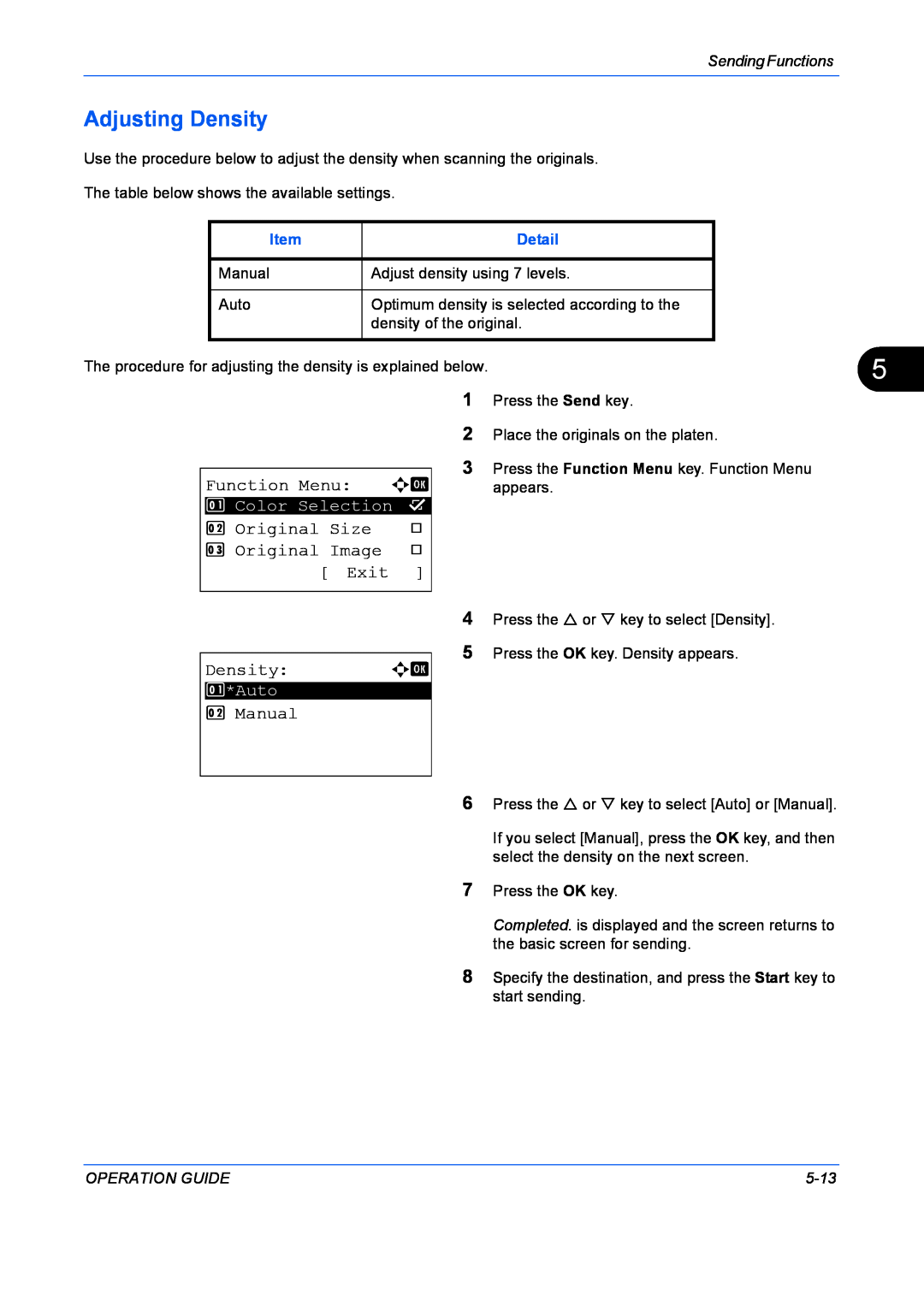 Kyocera FS-1128MFP Adjusting Density, Function Menu a b, Original Size, Original Image, Exit, Manual, Sending Functions 