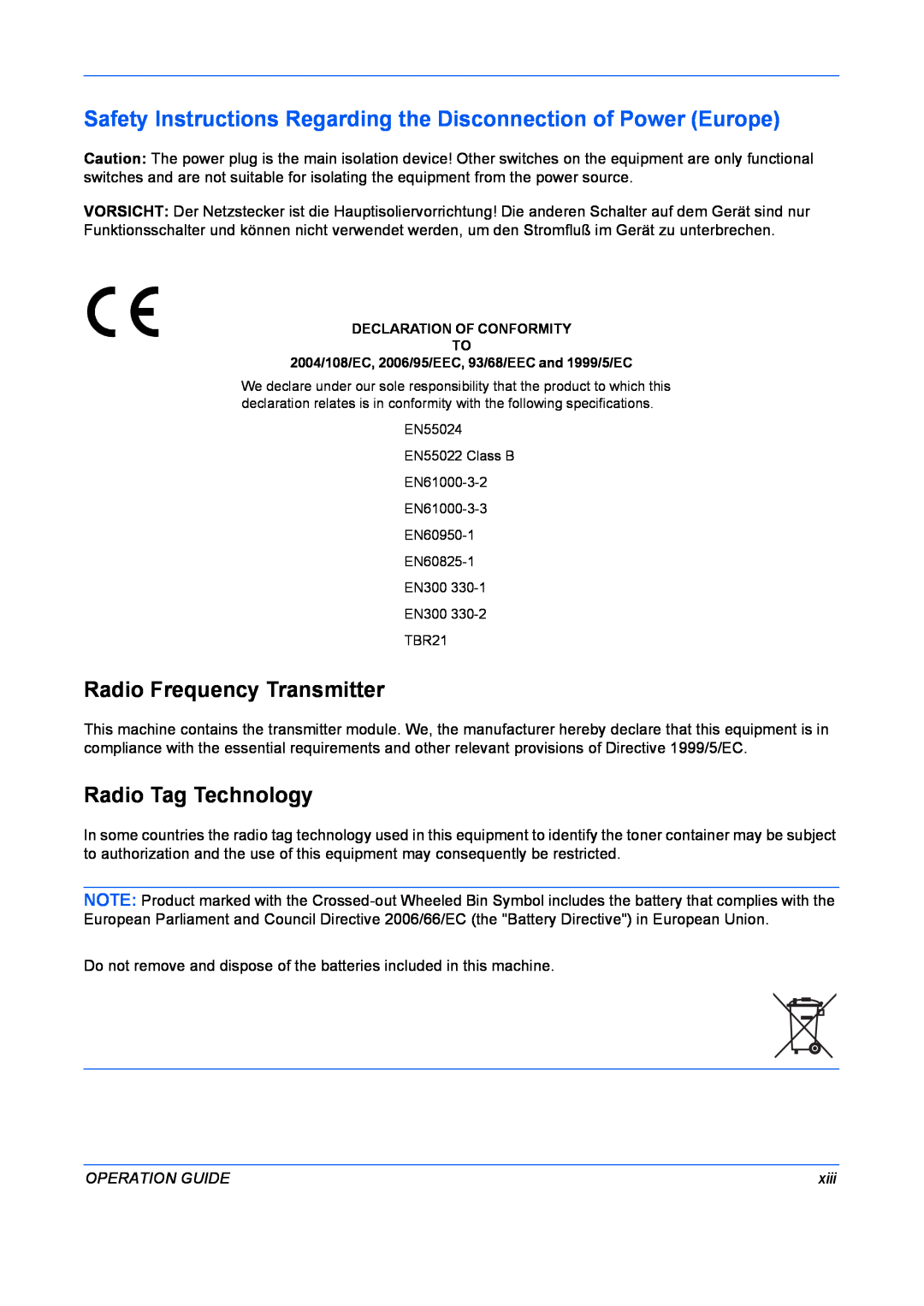 Kyocera FS-1128MFP Safety Instructions Regarding the Disconnection of Power Europe, Radio Frequency Transmitter, xiii 
