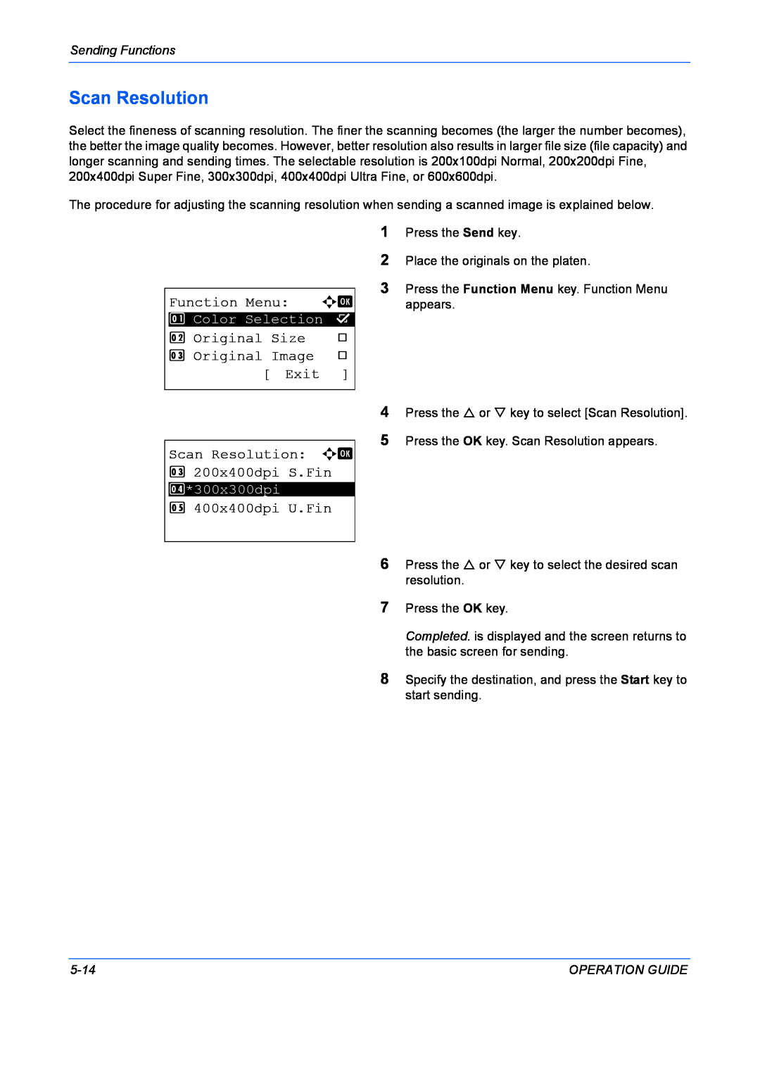 Kyocera FS-1028MFP manual Scan Resolution, Function Menu a b, Original Size, Original Image, Exit, 5 400x400dpi U.Fin, 5-14 