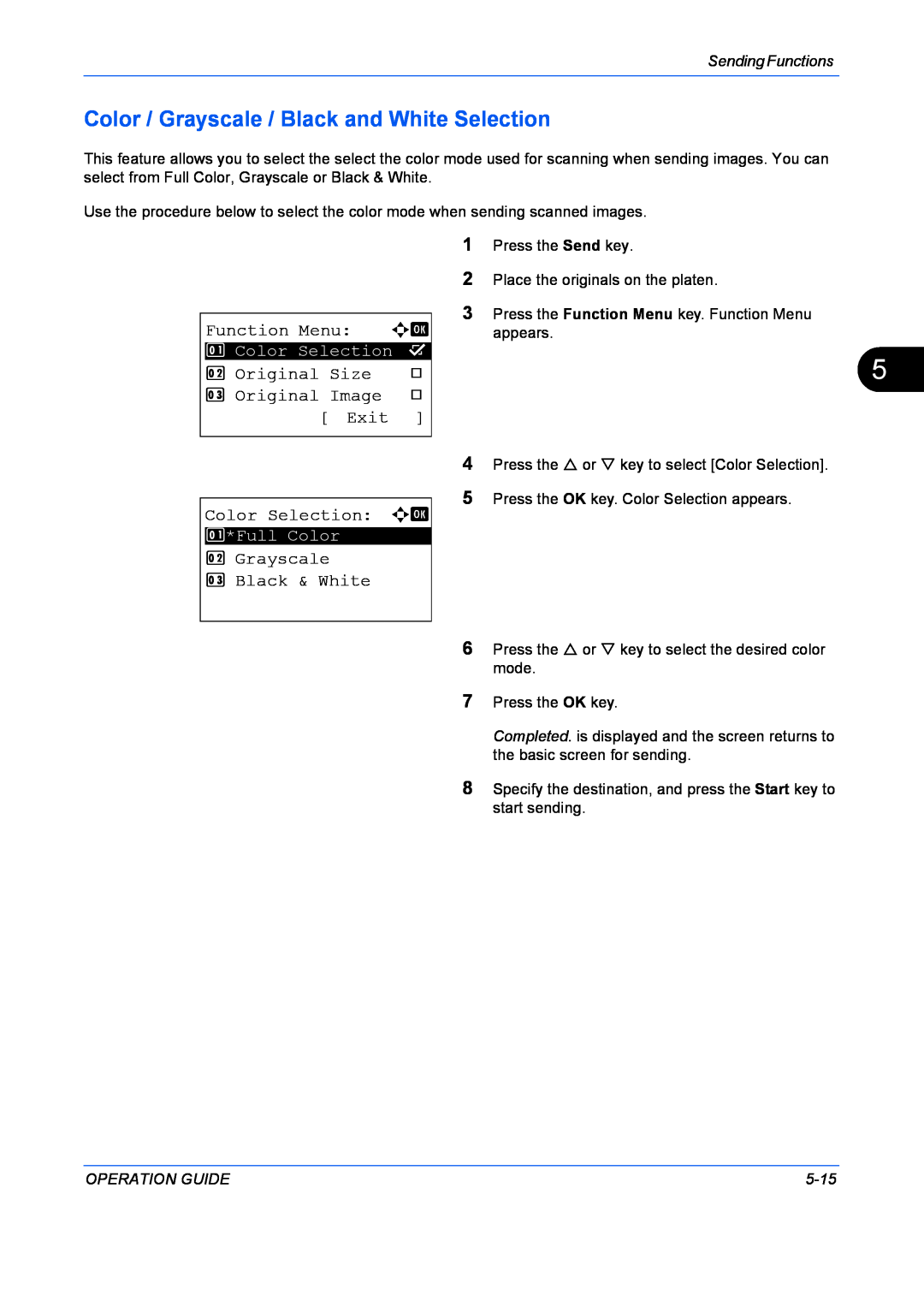 Kyocera FS-1128MFP Color / Grayscale / Black and White Selection, Function Menu a b, Original Size, Original Image, Exit 