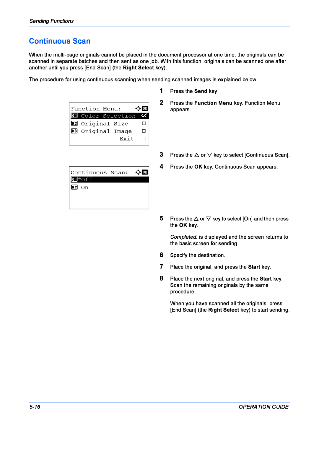 Kyocera FS-1028MFP, FS-1128MFP Function Menu a b, Original Size, Original Image, Exit, Continuous Scan a b, 2 On, 5-16 