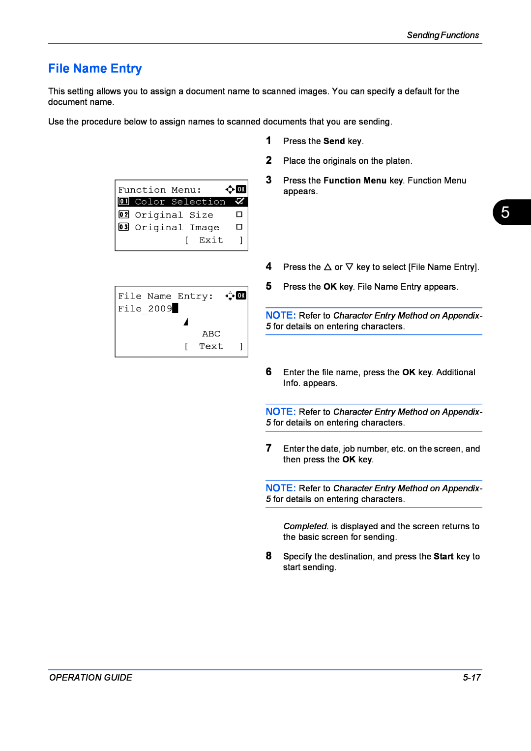 Kyocera FS-1128MFP Function Menu a b, Original Size, Original Image, Exit, File Name Entry A b File2009, ABC Text 