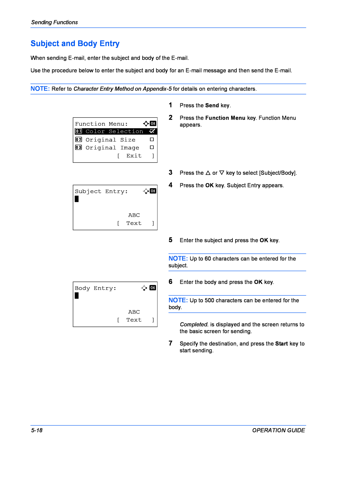 Kyocera FS-1028MFP Subject and Body Entry, Function Menu a b, Original Size, Original Image, Exit, Subject Entry B b, Text 