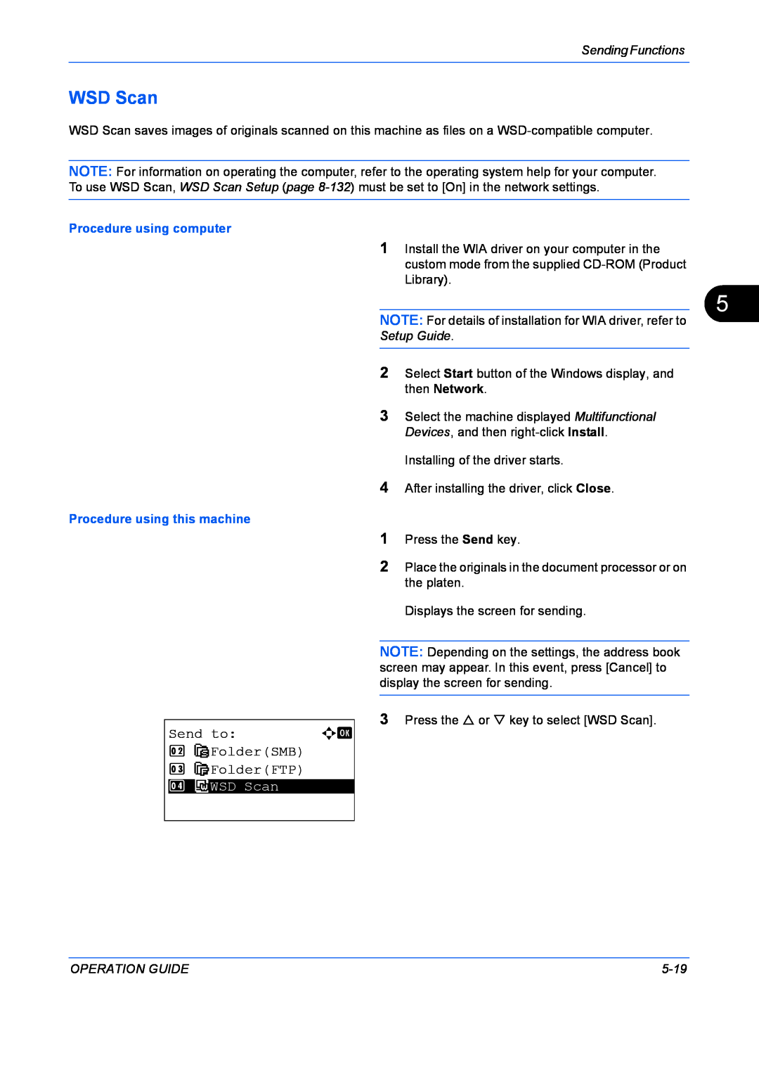 Kyocera FS-1128MFP manual WSD Scan, Send to, G FolderSMB 3 H FolderFTP, Sending Functions, Procedure using computer, 5-19 