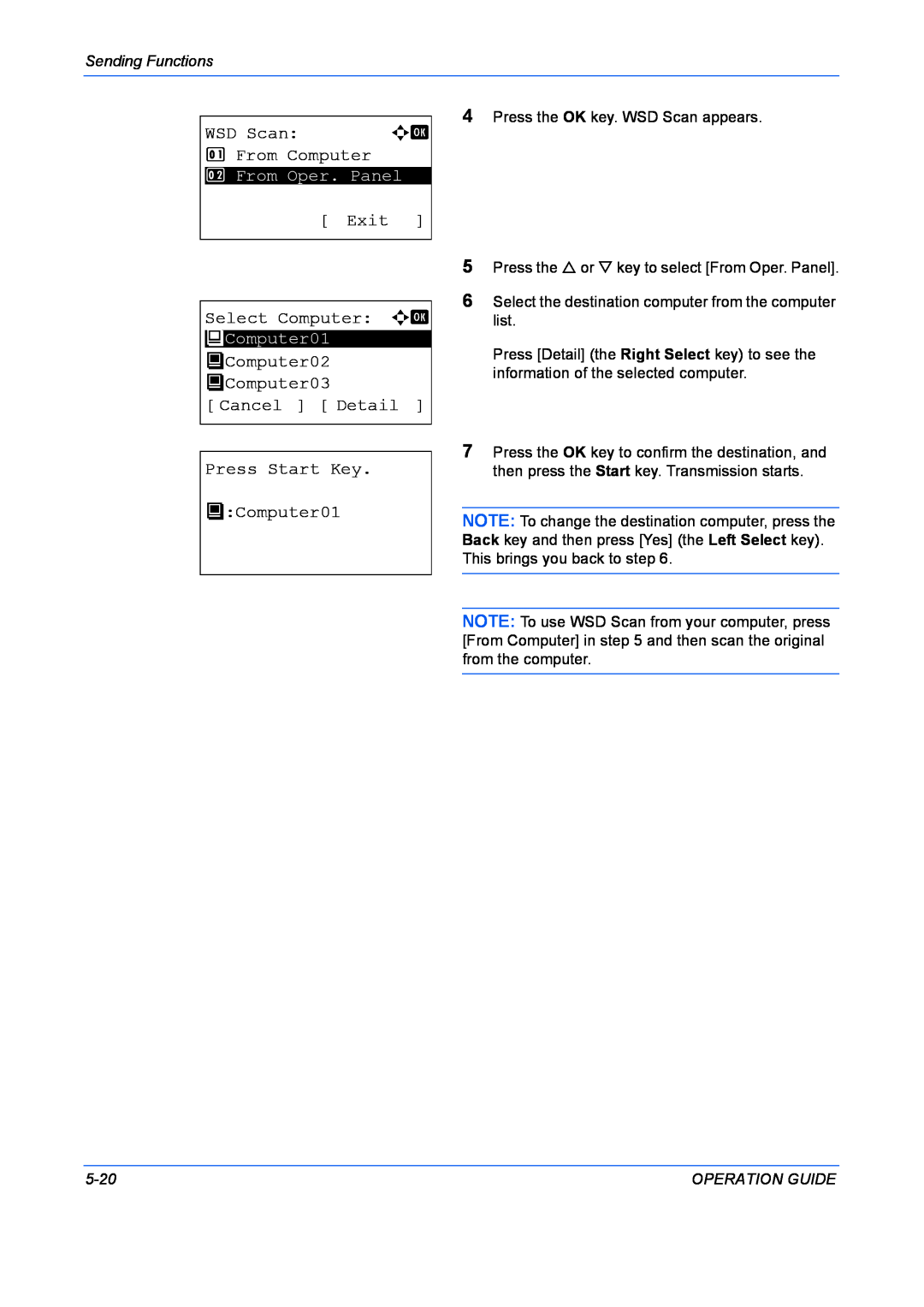 Kyocera FS-1028MFP manual WSD Scan, From Computer, Exit, Select Computer a b, P Computer02 P Computer03 Cancel Detail, 5-20 