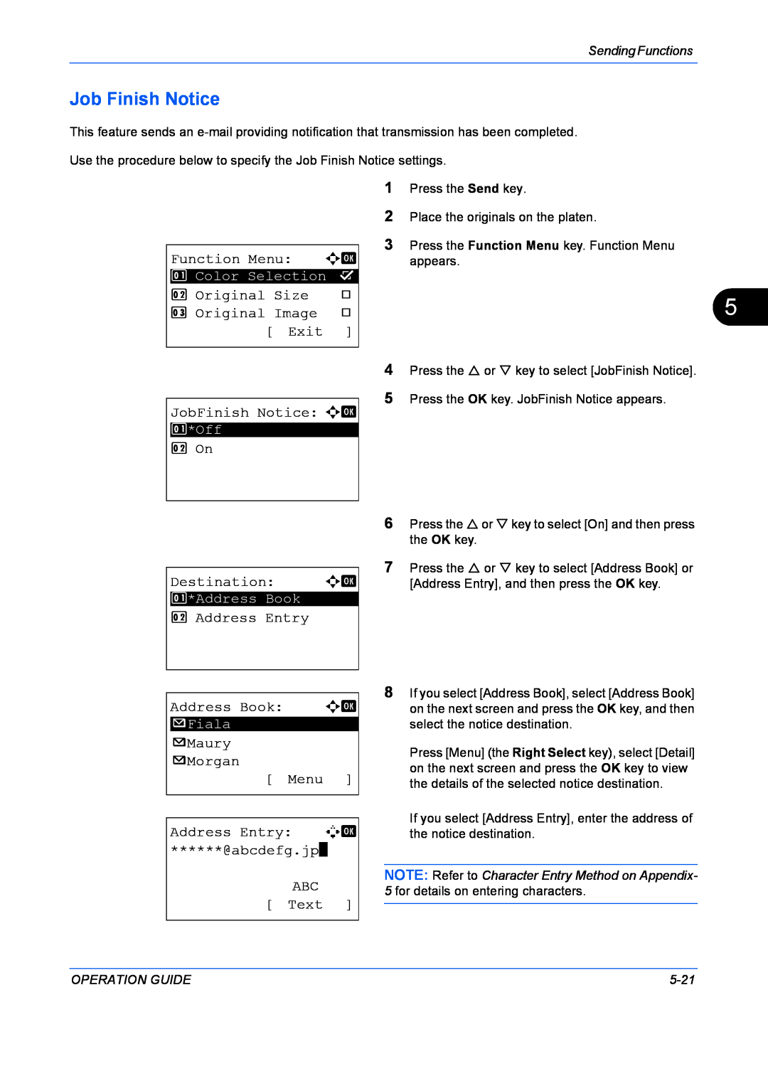 Kyocera FS-1128MFP Job Finish Notice, Function Menu a b, Original Size, Original Image, Exit, JobFinish Notice a b, 2 On 