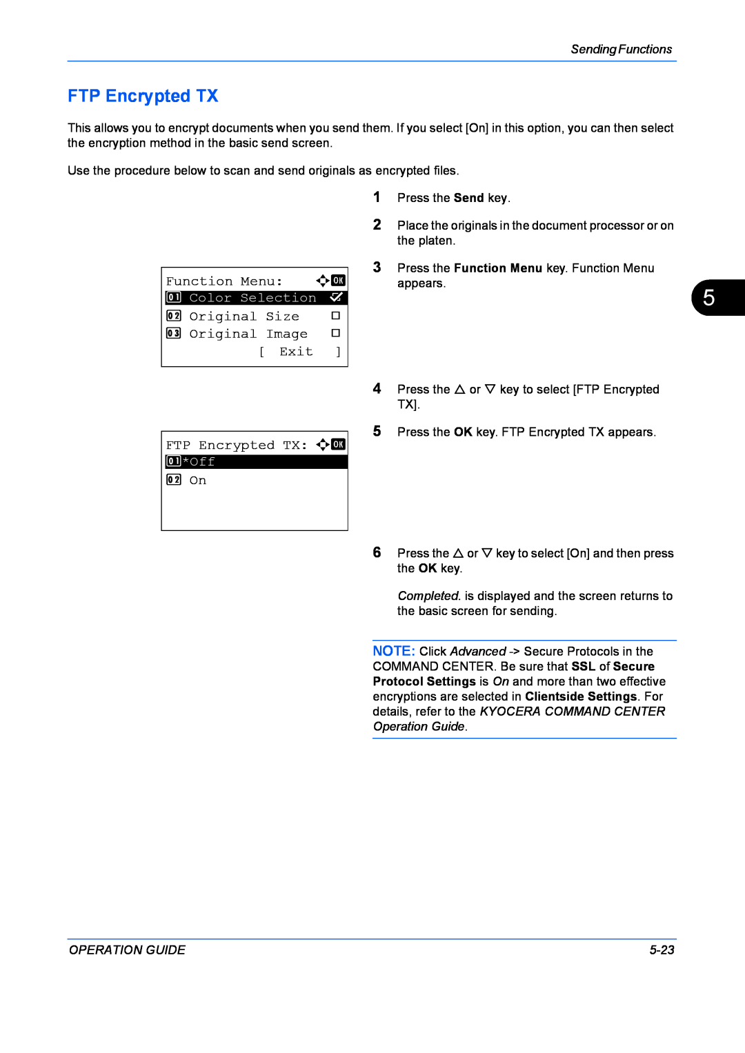 Kyocera FS-1128MFP Function Menu, Original Size, Original Image, Exit, FTP Encrypted TX a b, 2 On, Sending Functions 