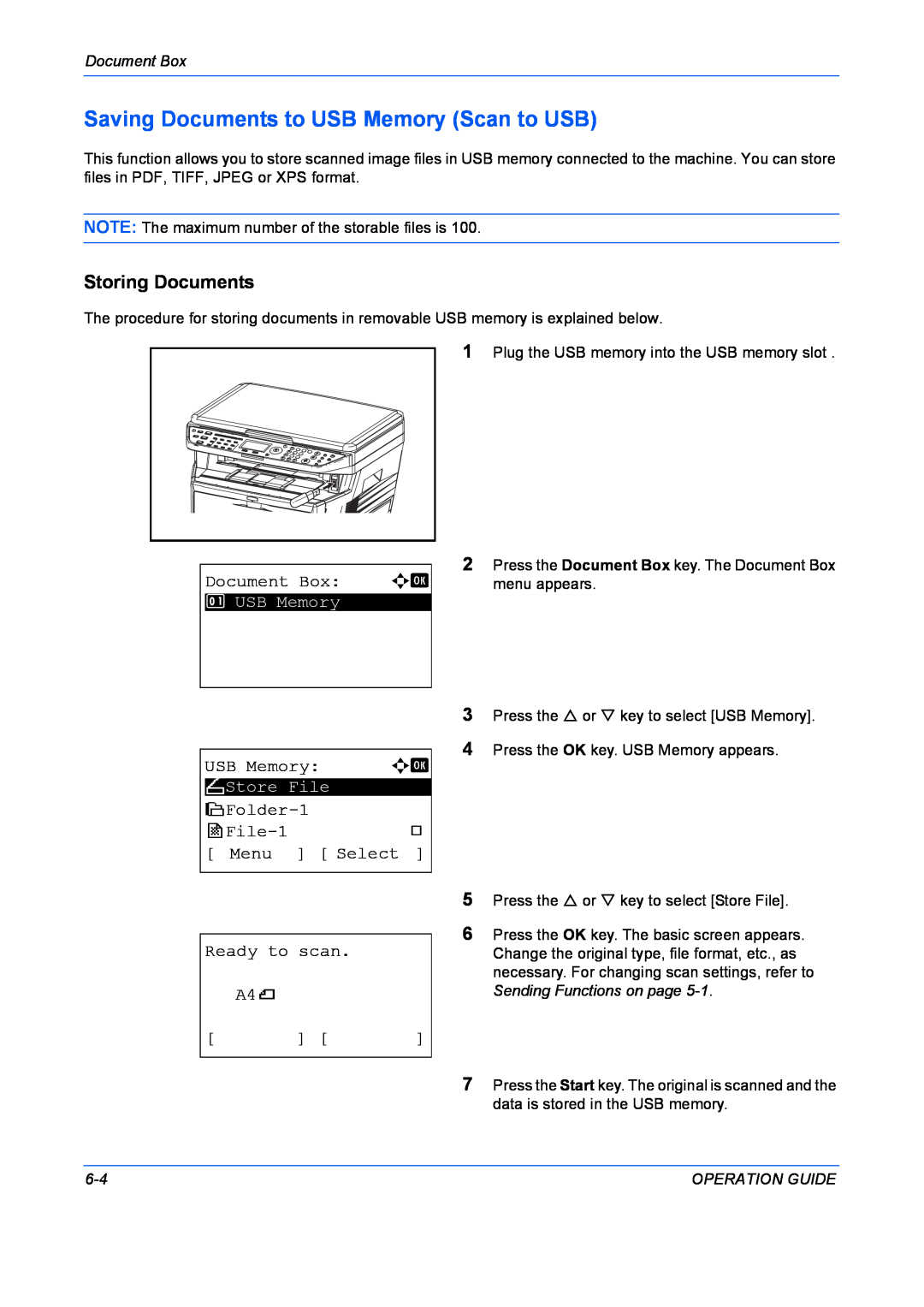 Kyocera FS-1028MFP Saving Documents to USB Memory Scan to USB, Storing Documents, Document Box a b, USB Memory a b, File-1 