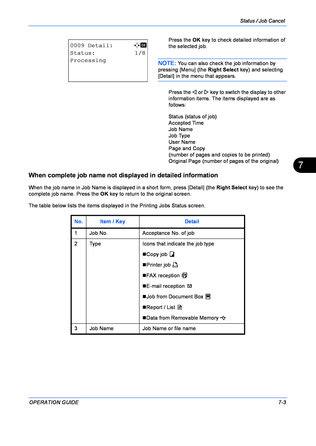 Kyocera FS-1128MFP When complete job name not displayed in detailed information, Detail, Status, Processing, Item / Key 