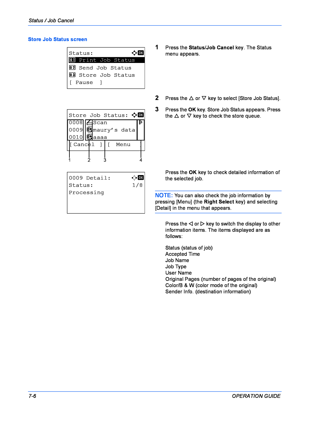 Kyocera FS-1028MFP, FS-1128MFP manual Store Job Status screen 