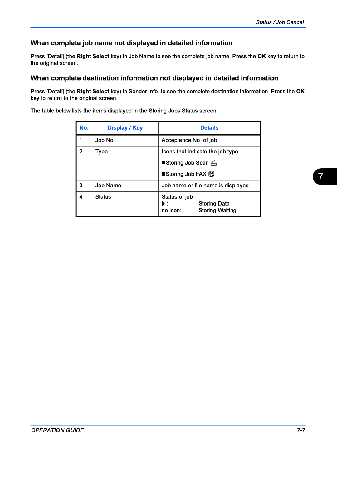 Kyocera FS-1128MFP manual When complete job name not displayed in detailed information, Status / Job Cancel, Display / Key 