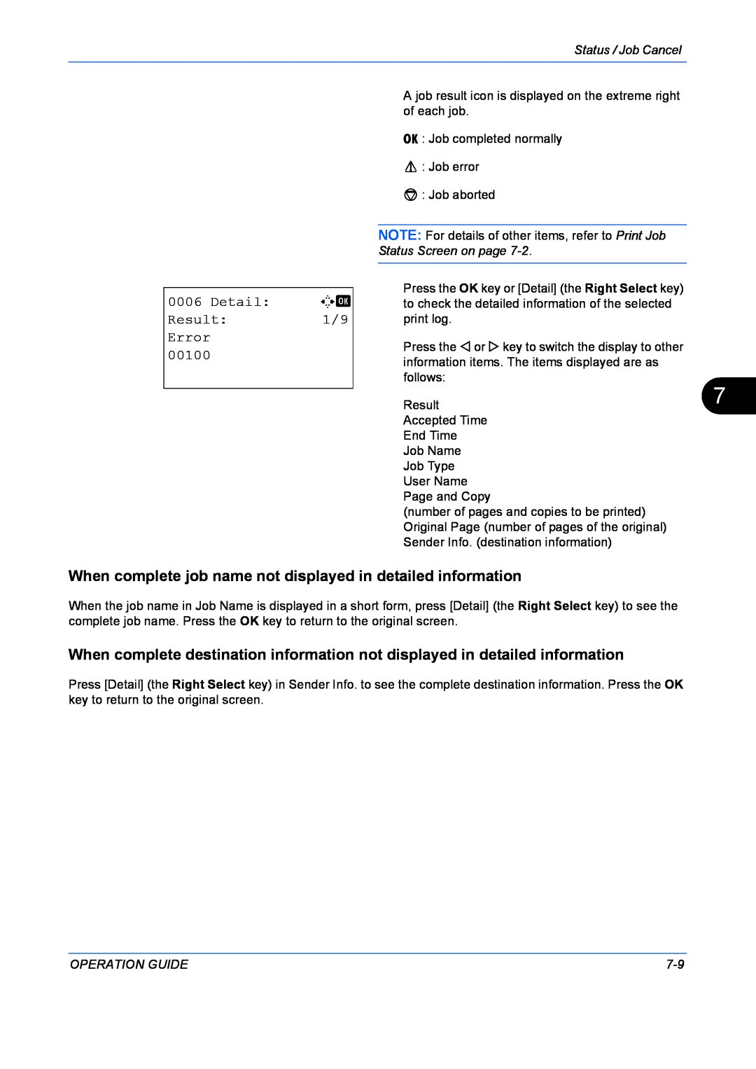 Kyocera FS-1128MFP, FS-1028MFP When complete job name not displayed in detailed information, Detail, Result, Error, 00100 