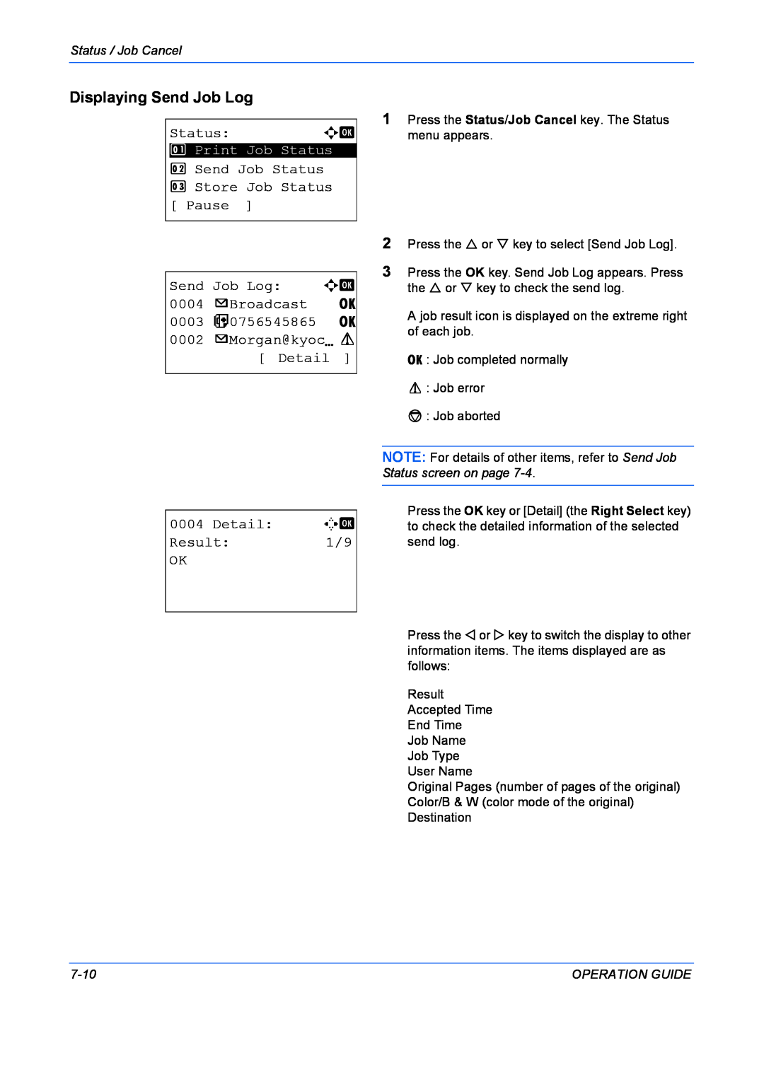 Kyocera FS-1028MFP, FS-1128MFP Displaying Send Job Log, Send Job Status 3 Store Job Status Pause, Detail, Result, 7-10 