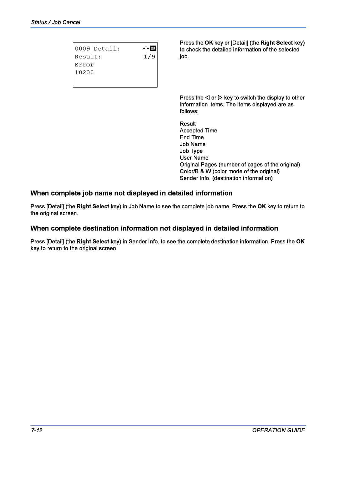 Kyocera FS-1028MFP manual When complete job name not displayed in detailed information, Detail, Result, Error, 10200, 7-12 