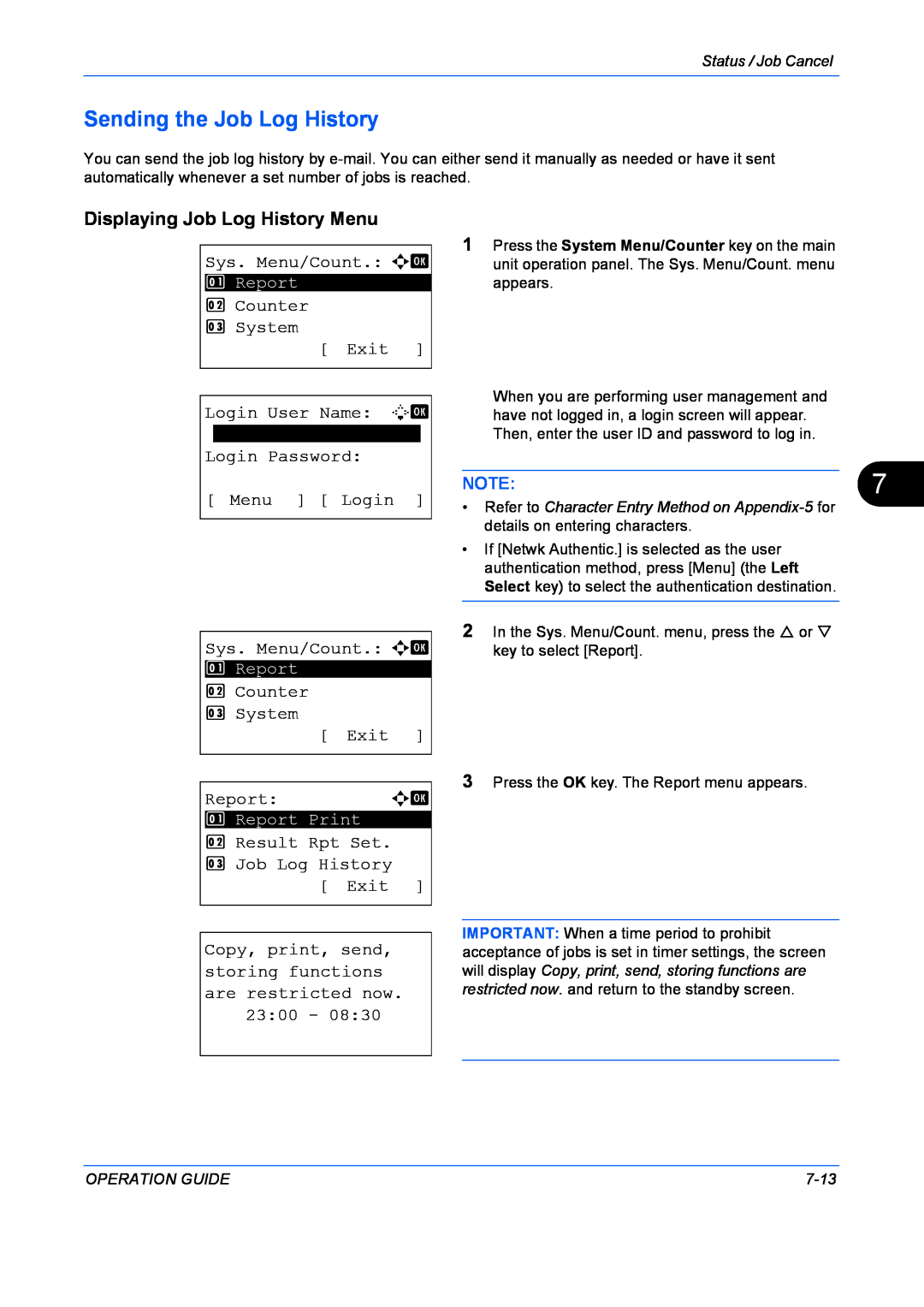Kyocera FS-1128MFP, FS-1028MFP manual Sending the Job Log History, Displaying Job Log History Menu, NOTE7 