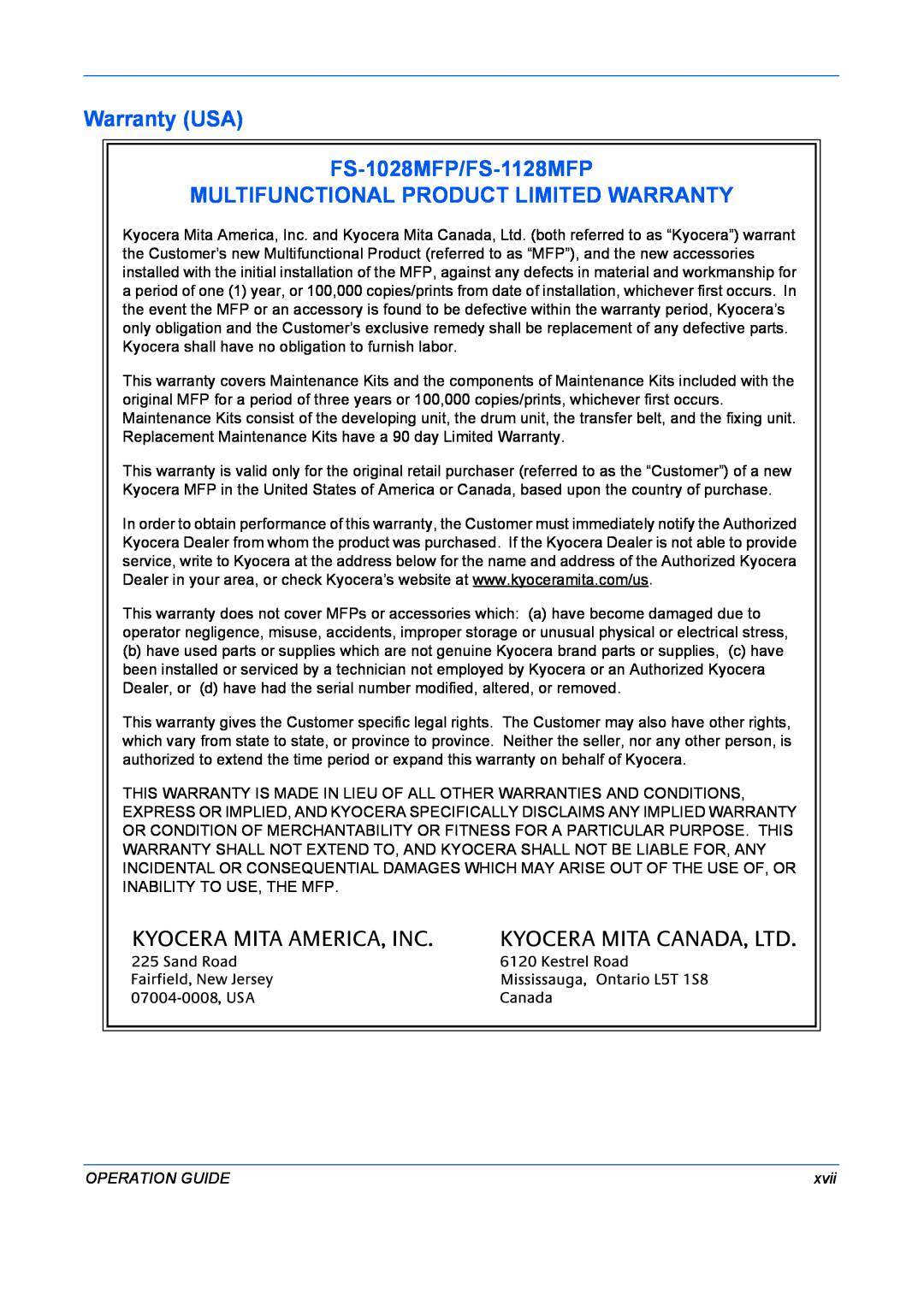 Kyocera manual Warranty USA FS-1028MFP/FS-1128MFP, Multifunctional Product Limited Warranty, Operation Guide, xvii 