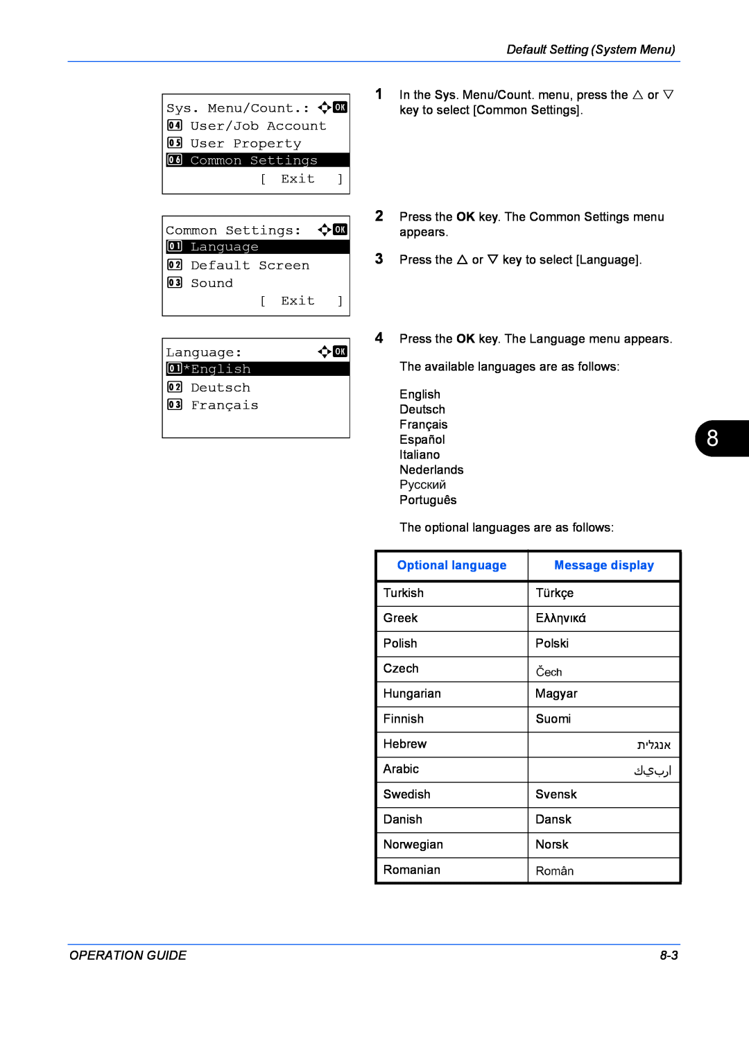 Kyocera FS-1128MFP manual Sys. Menu/Count. a b 4 User/Job Account 5 User Property, Exit, Common Settings a b, Language 