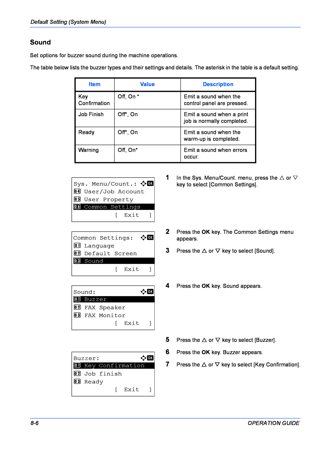 Kyocera FS-1028MFP manual Sys. Menu/Count. a b 4 User/Job Account 5 User Property, Exit Sounda b, Buzzer, Value 