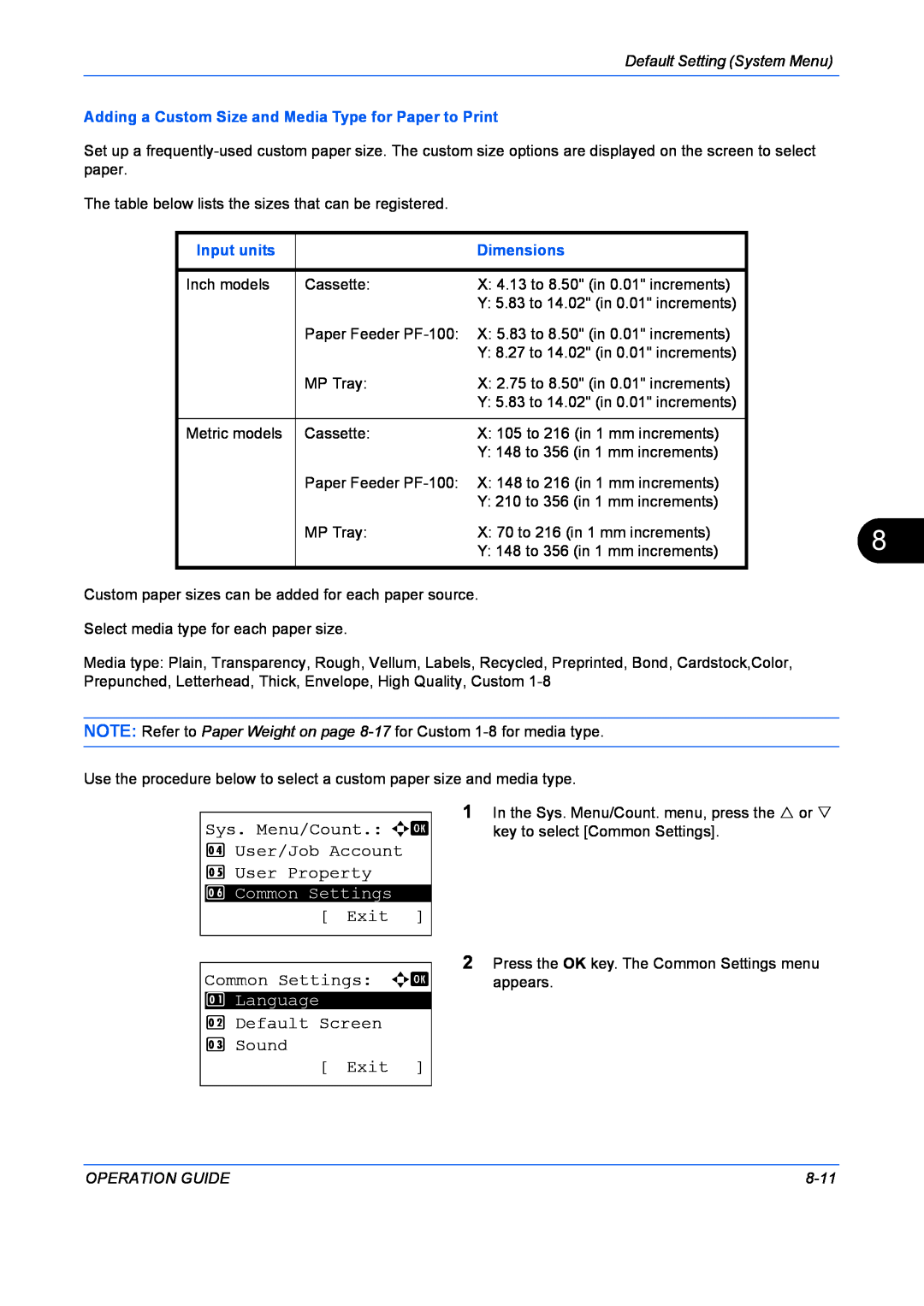 Kyocera FS-1128MFP Sys. Menu/Count. a b 4 User/Job Account 5 User Property, Exit, Common Settings a b, Input units, 8-11 